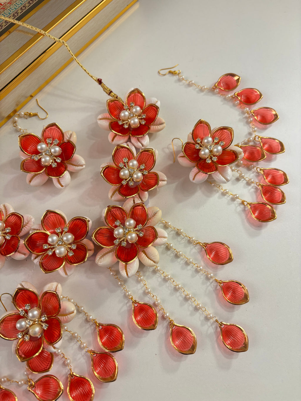Rose Petal & Mogra Touch Necklace With Mang Tikka & Earrings With Side Layers (Red)