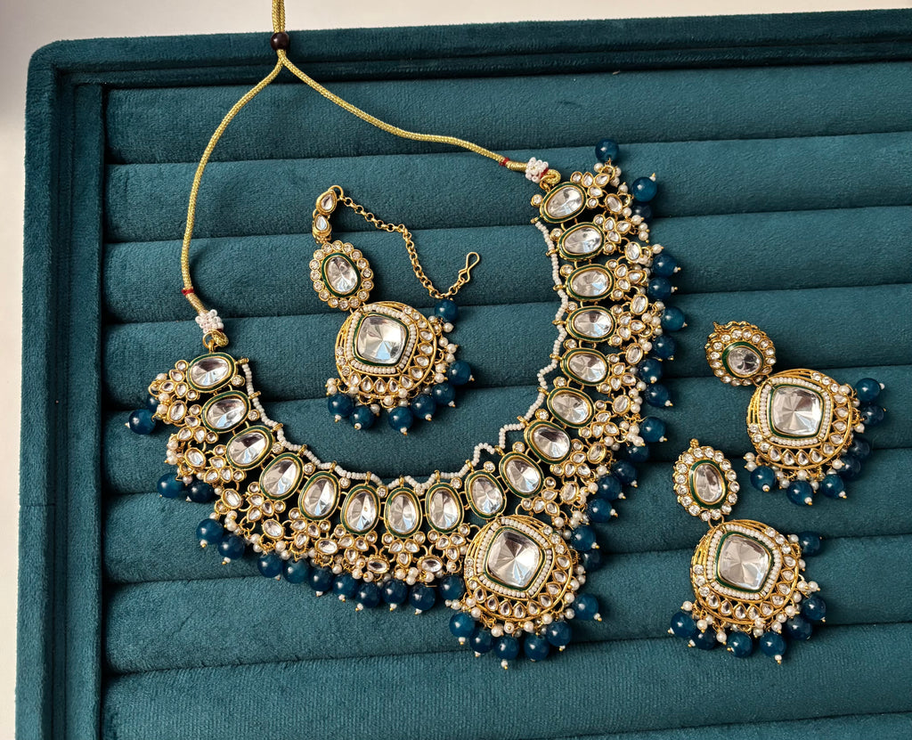 Blue Kundan Dupe Necklace With Mang Tikka & Earrings