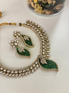 Premium Designer Moissanite & Doublet Stones Work Leaf Necklace With Earrings (Emerald)
