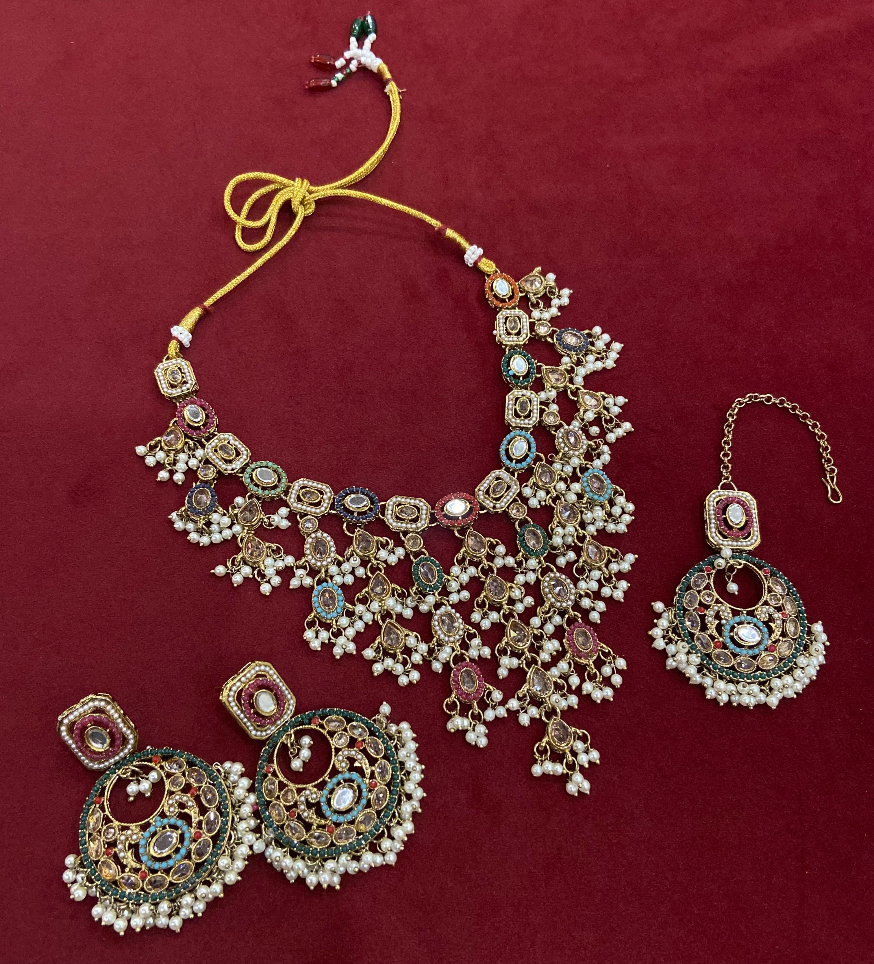 High Quality Designer Multi Pakistani Style Layer Necklace With Mang Tikka & Chandbali Earrings