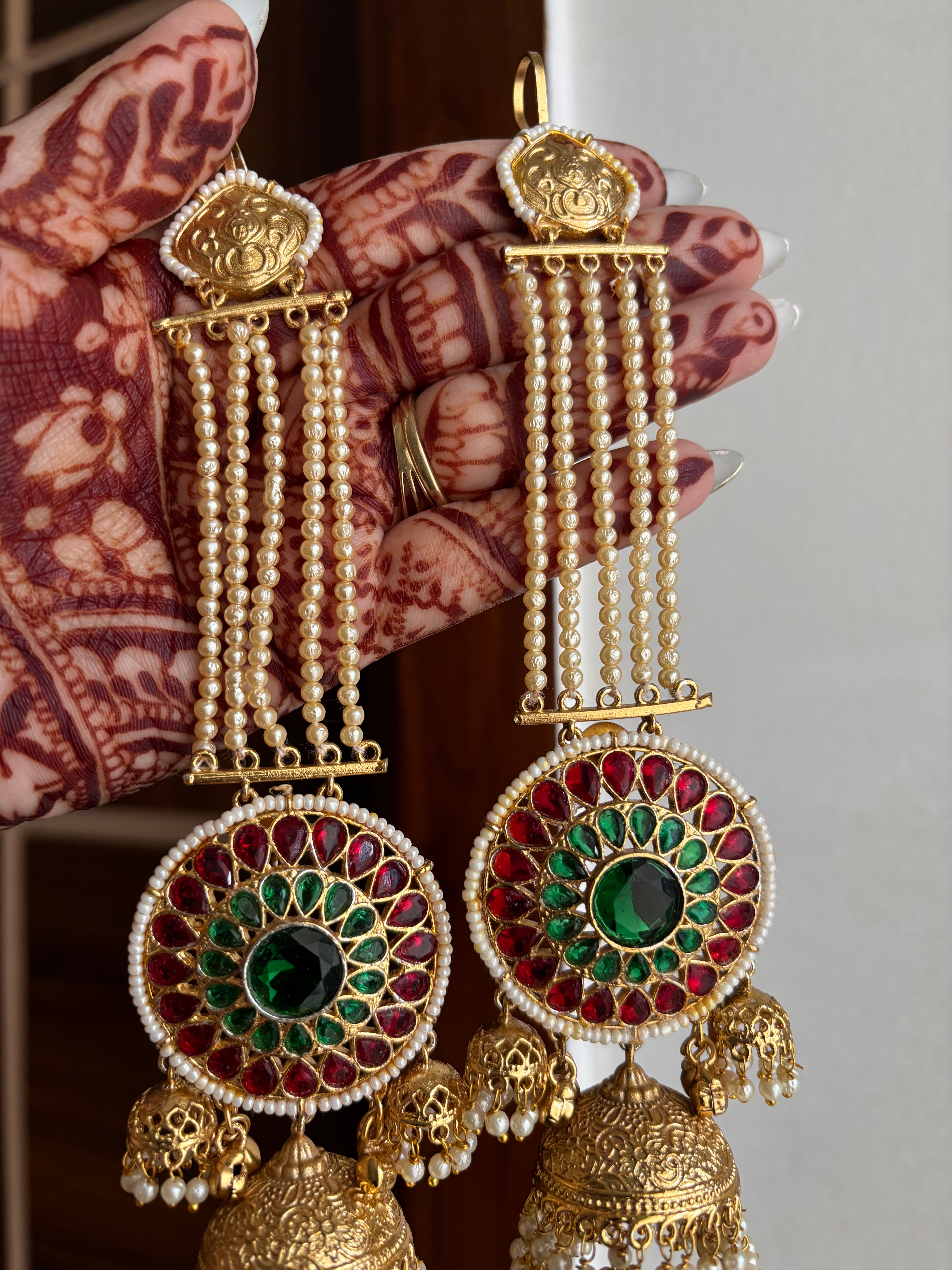 Gurpreet Brass Jhumkas With Sahara (Maroon/Emerald)