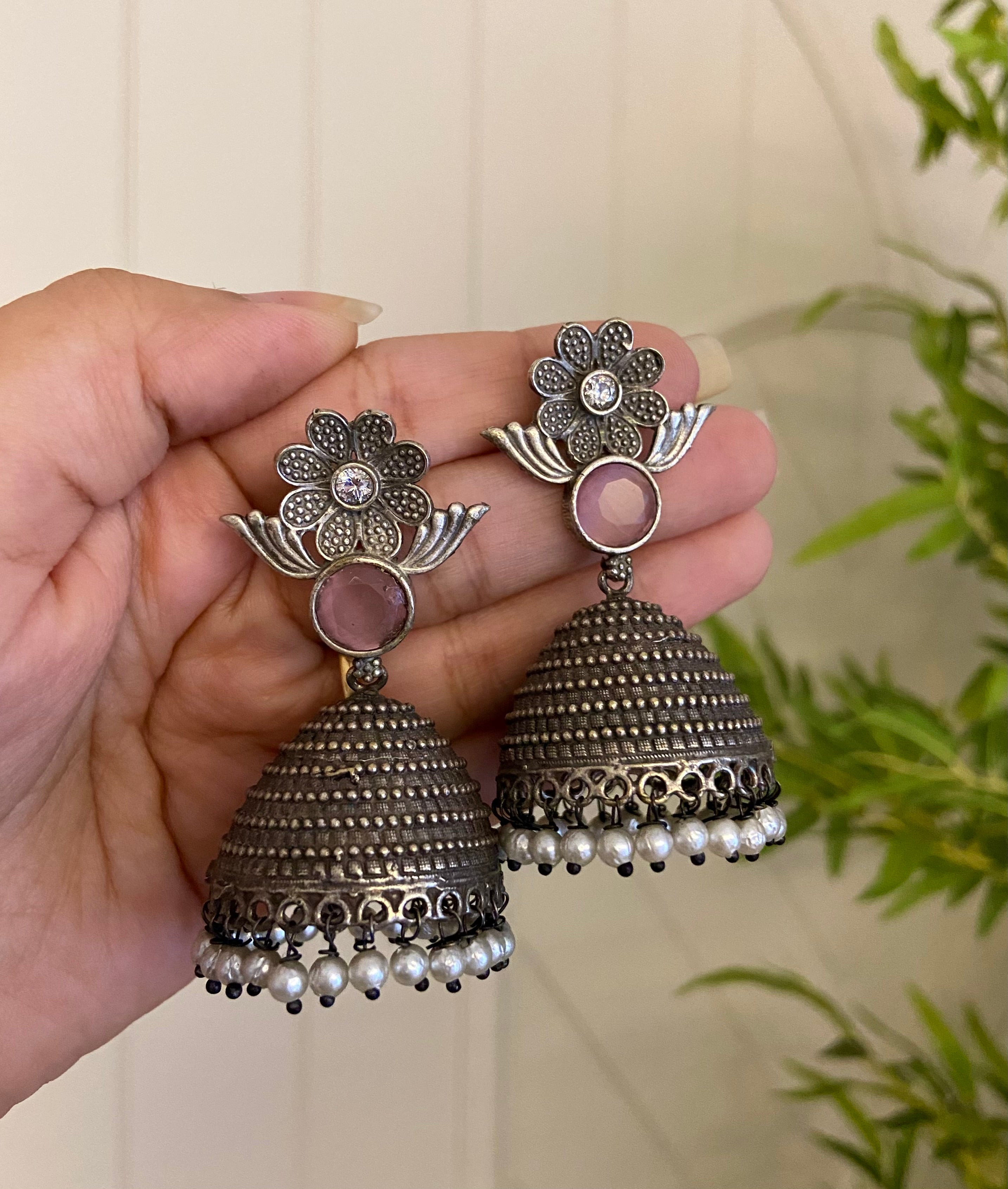 Pinkish Flower Silver Jhumkas