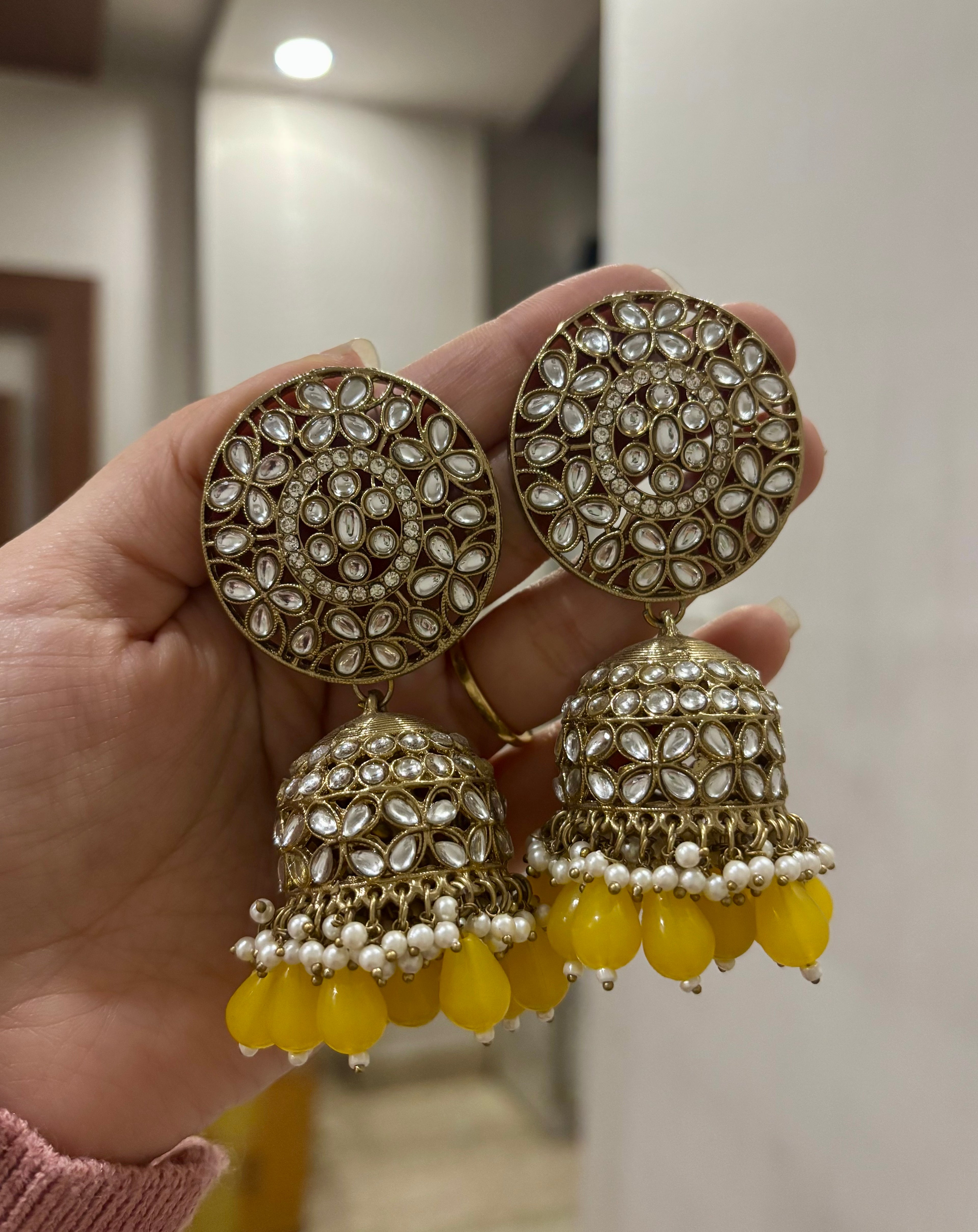 Yellow Kundan Jhumkas