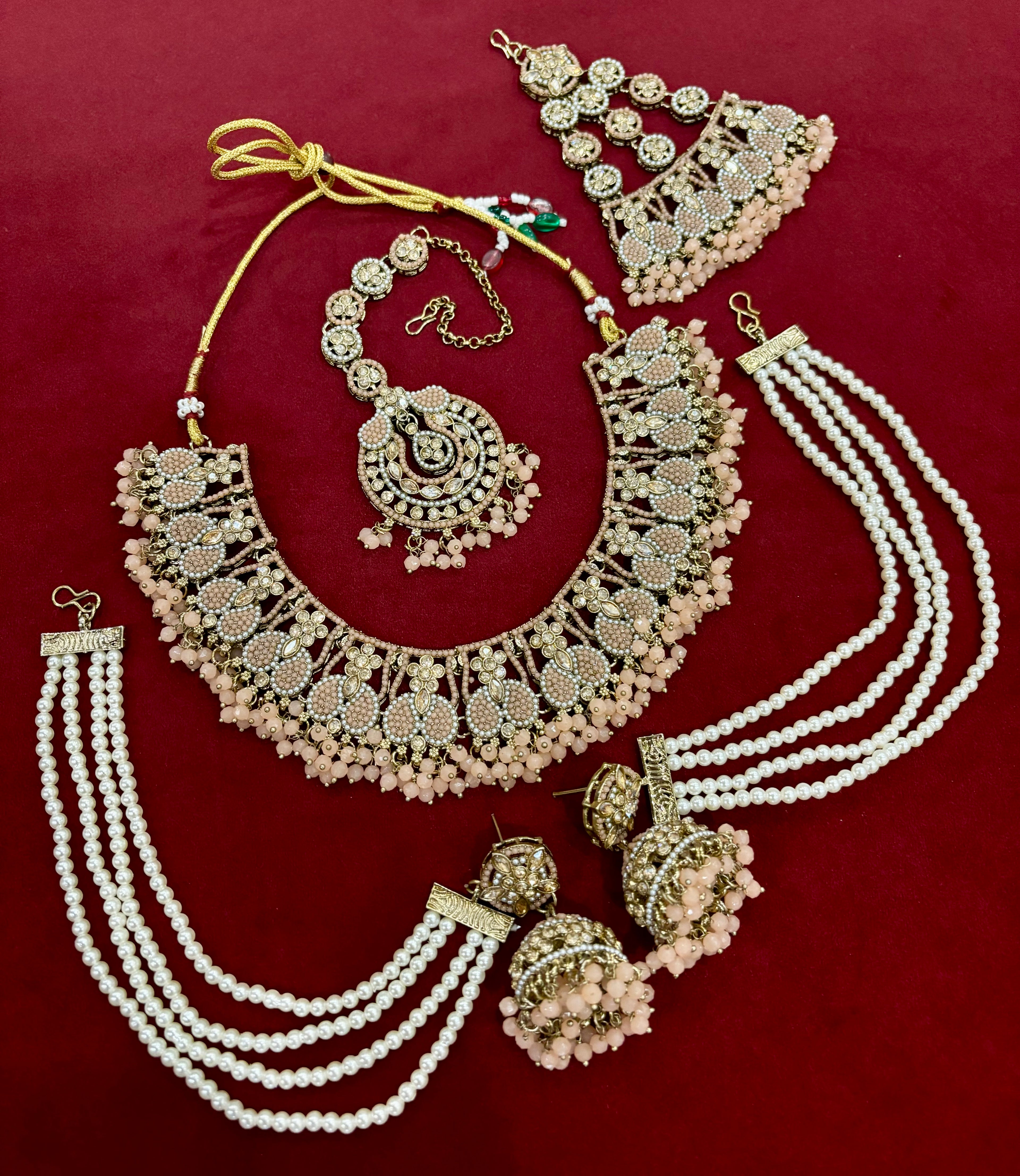 Royal Mughal Peach Necklace With Mang Tikka & Jhumkas Side Layers & Passa