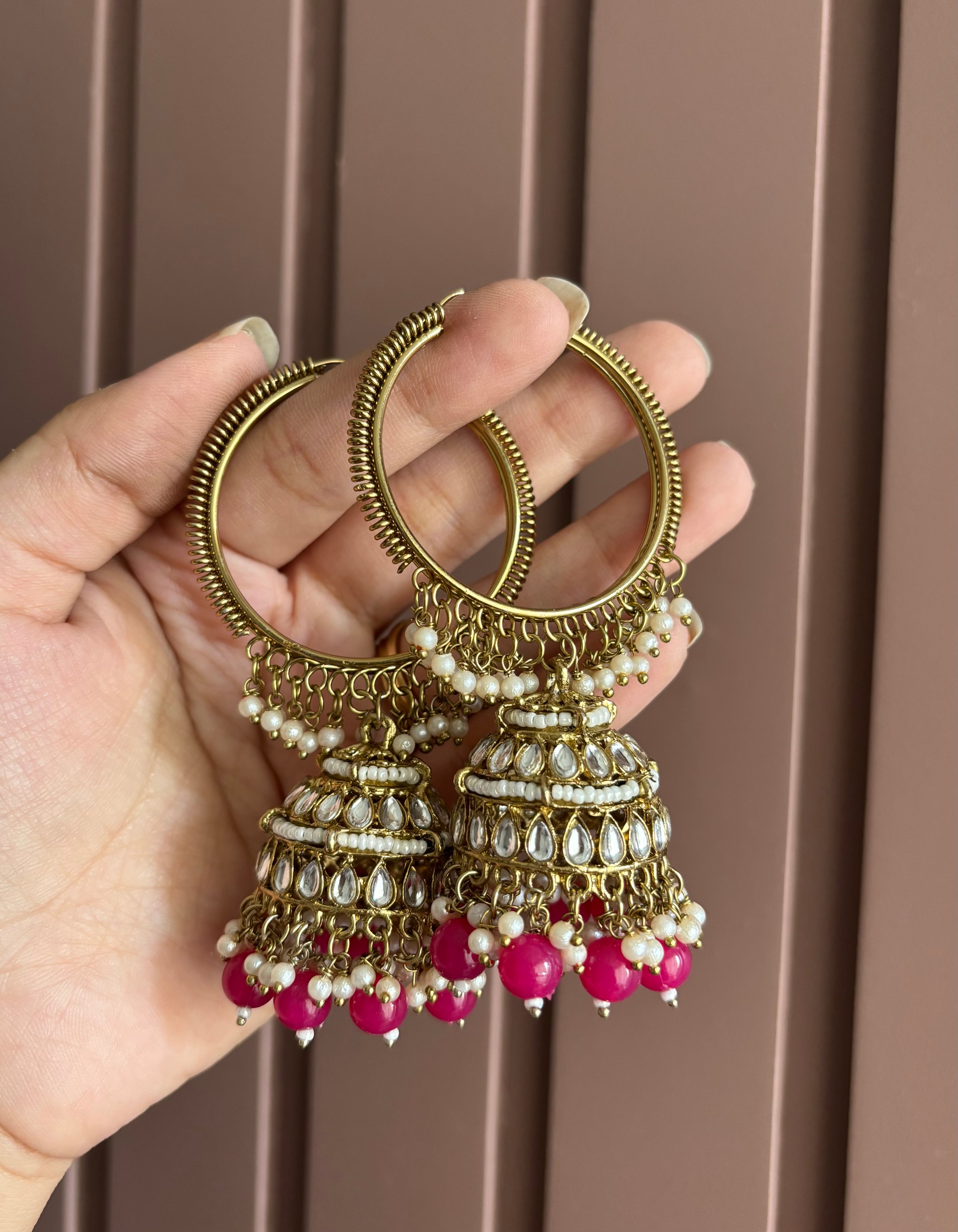Dark Pink Kundan Bali Jhumkas