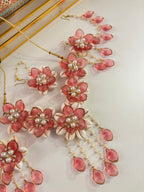 Rose Petal & Mogra Touch Necklace With Mang Tikka & Earrings With Side Layers (Light Wine)