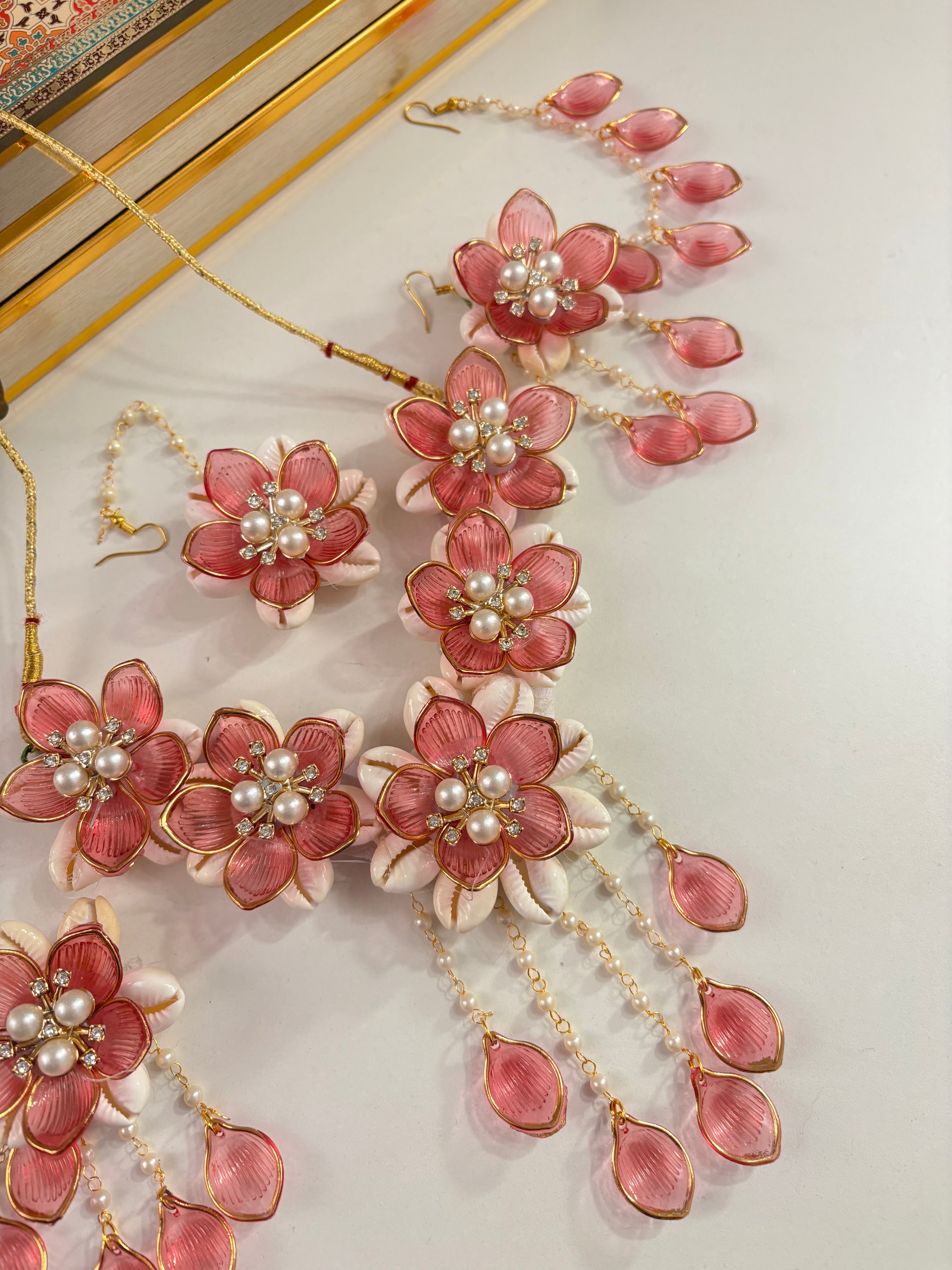 Rose Petal & Mogra Touch Necklace With Mang Tikka & Earrings With Side Layers (Light Wine)