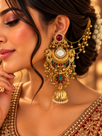 Taashi Long Kashmiri Earrings With Detachable Earchain (Ruby/Emerald)