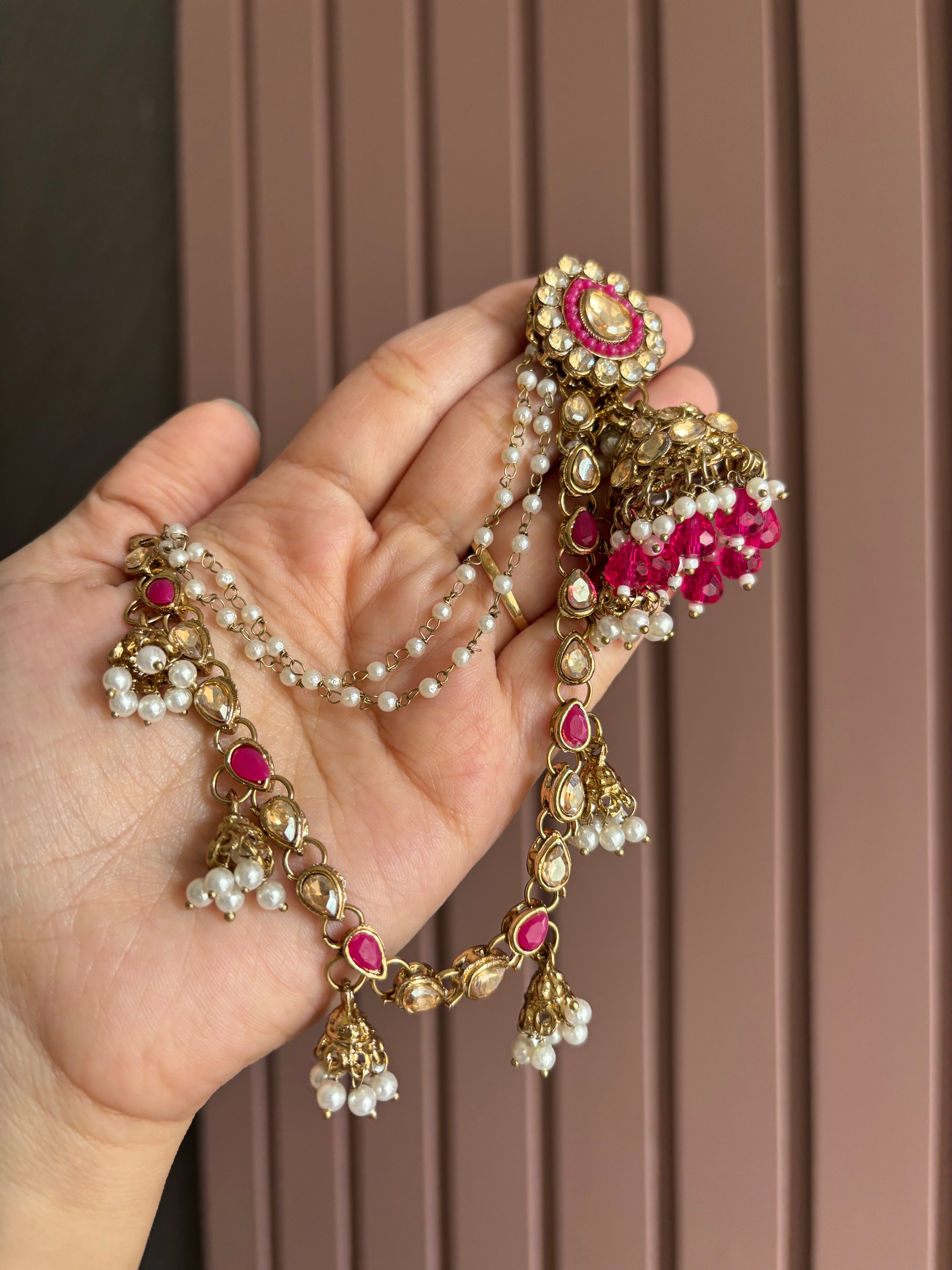Dark Pink Jhumki With Detachable Earchain