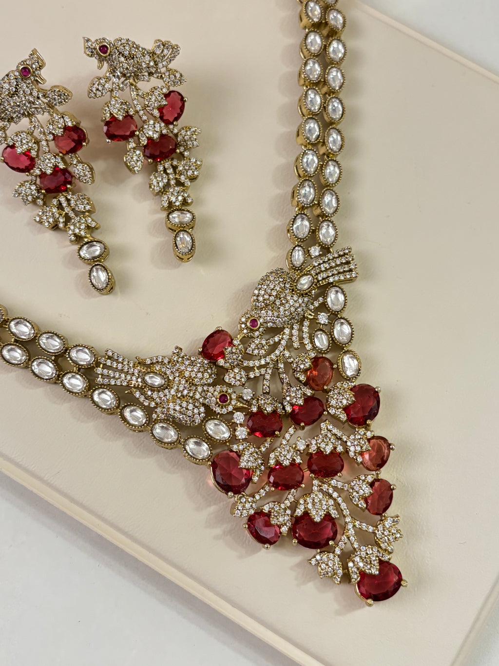 Premium Classy Nature Inspired Ruby Necklace With Earrings ( Moissanite & Doublet Stones Work)