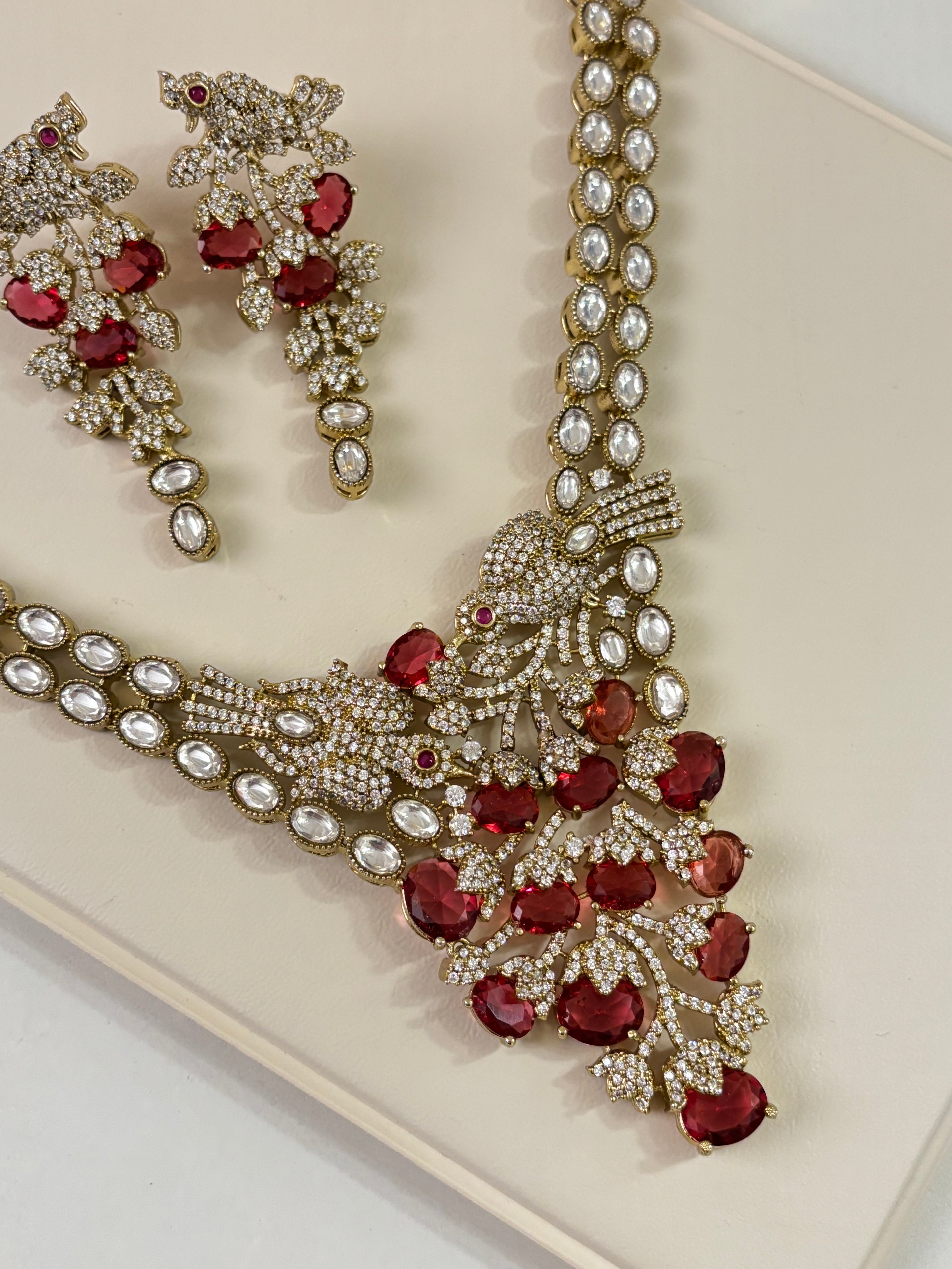 Premium Classy Nature Inspired Ruby Necklace With Earrings ( Moissanite & Doublet Stones Work)