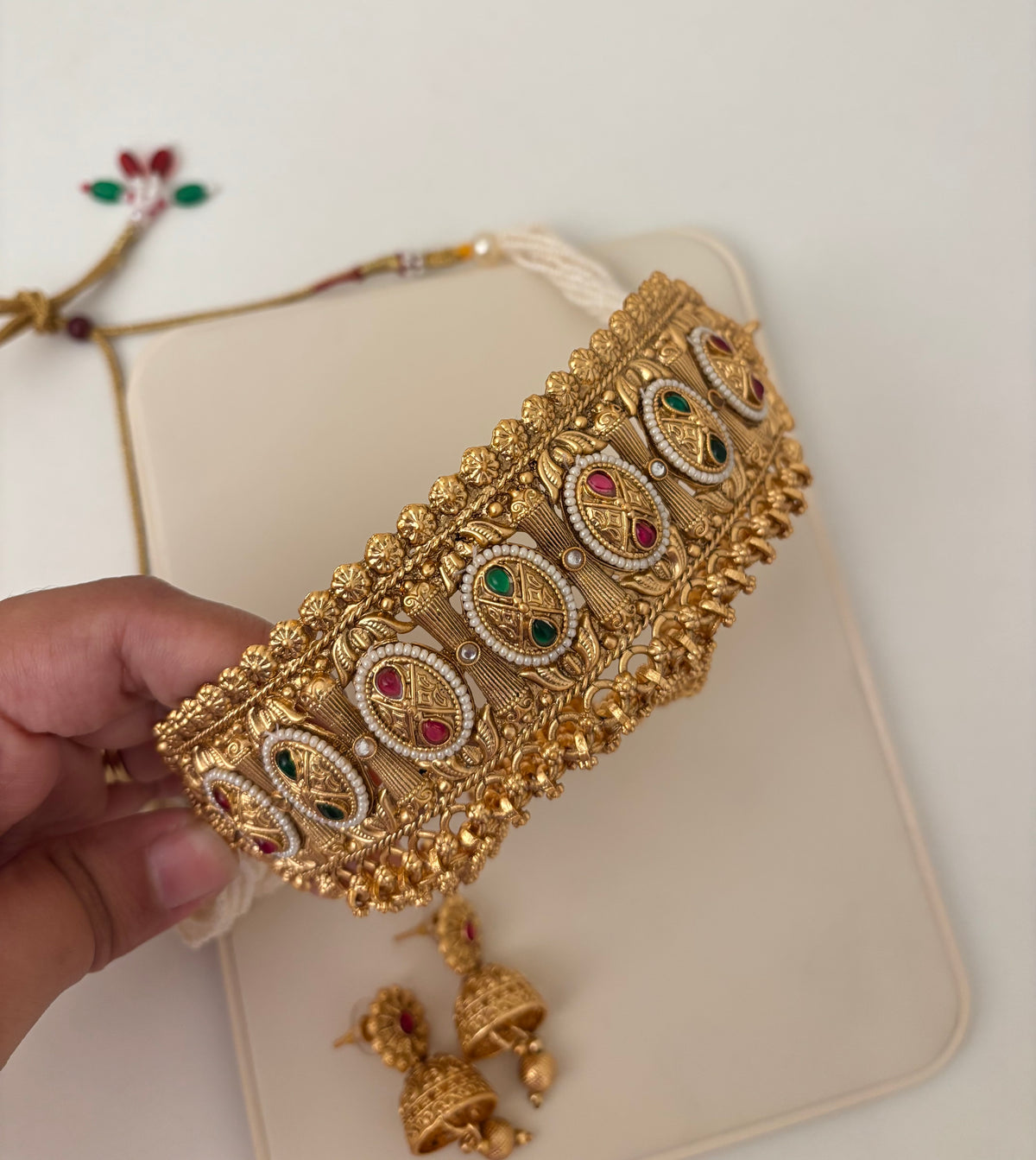 Premium Gold Look Like Choker Set With Jhumkas Design-23