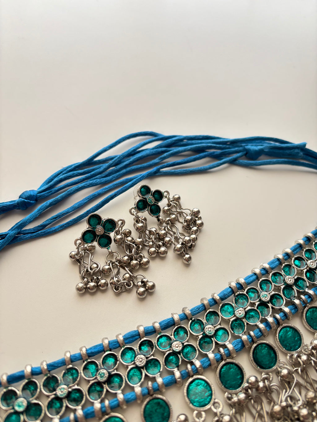 Blue Meena Work Premium Quality Heavy Look Choker Set With Earrings