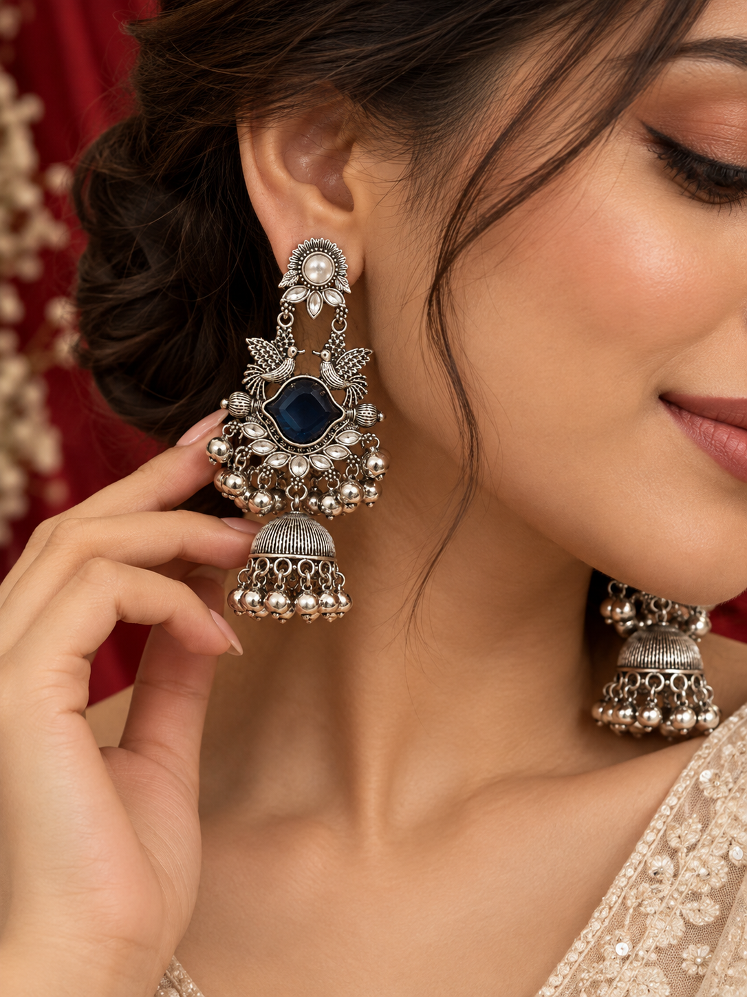 Saloni Silver Jhumkas (Blue)