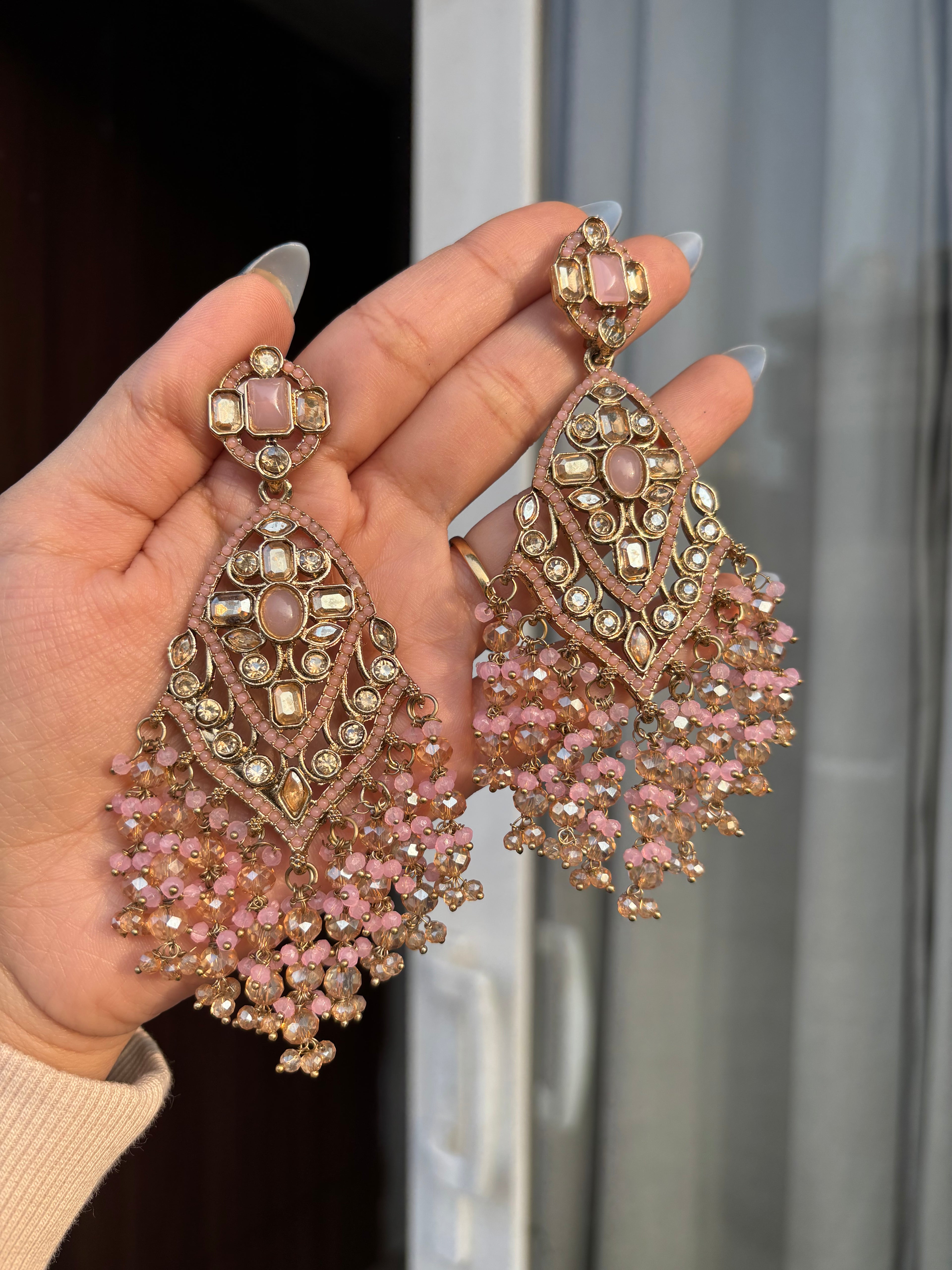 High Quality Designer Crystal Beads Work Long Earrings