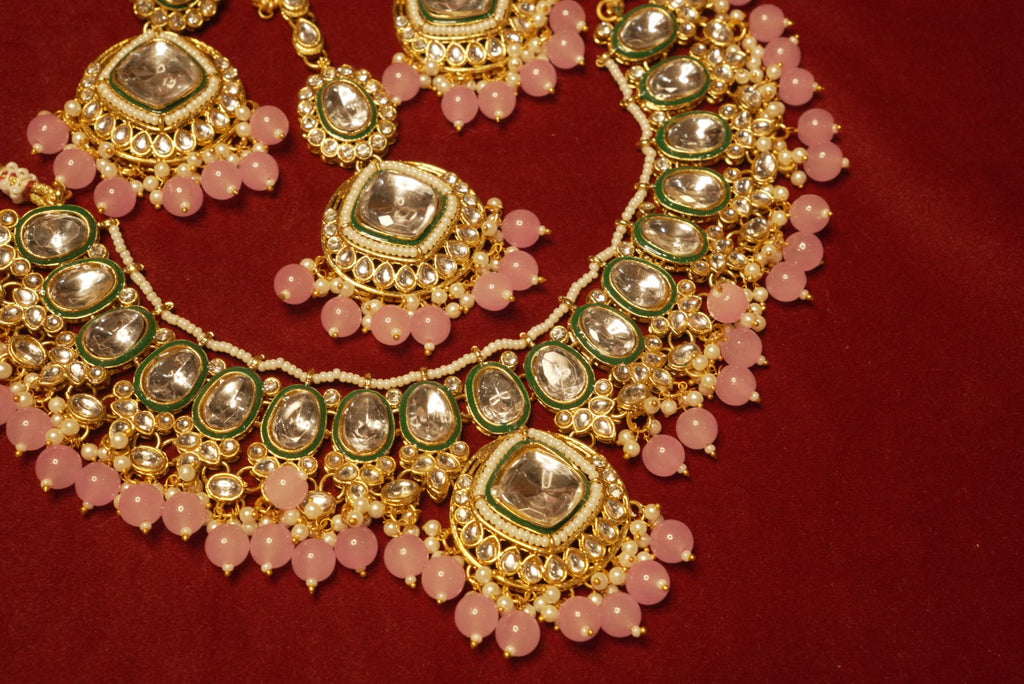 Lavender Kundan Dupe Necklace With Mang Tikka & Earrings