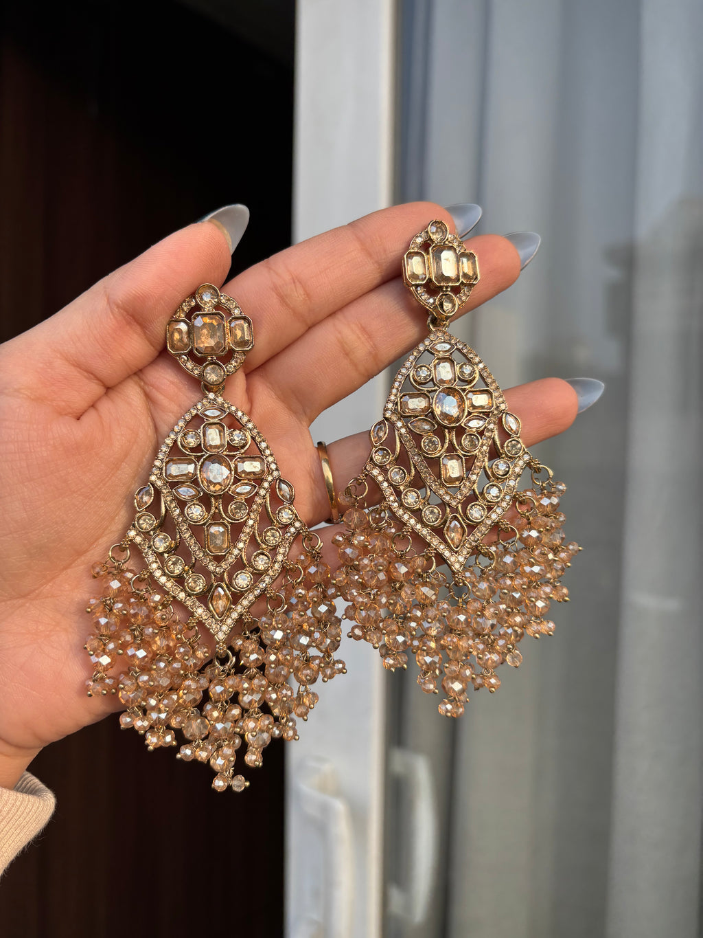 High Quality Designer Crystal Beads Work Long Earrings
