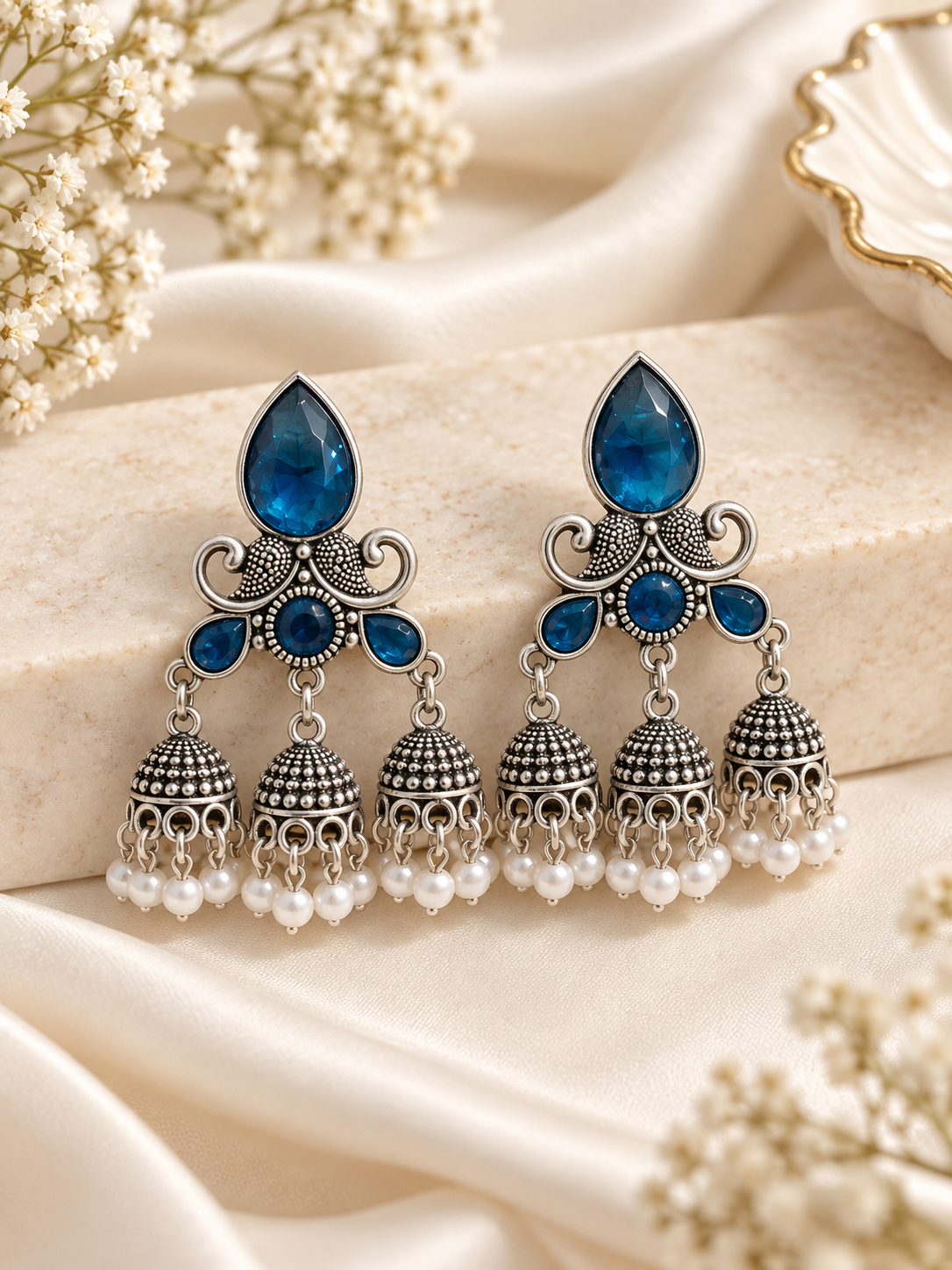 Dipti 3 Jhumki Touch Silver Earrings (Blue)