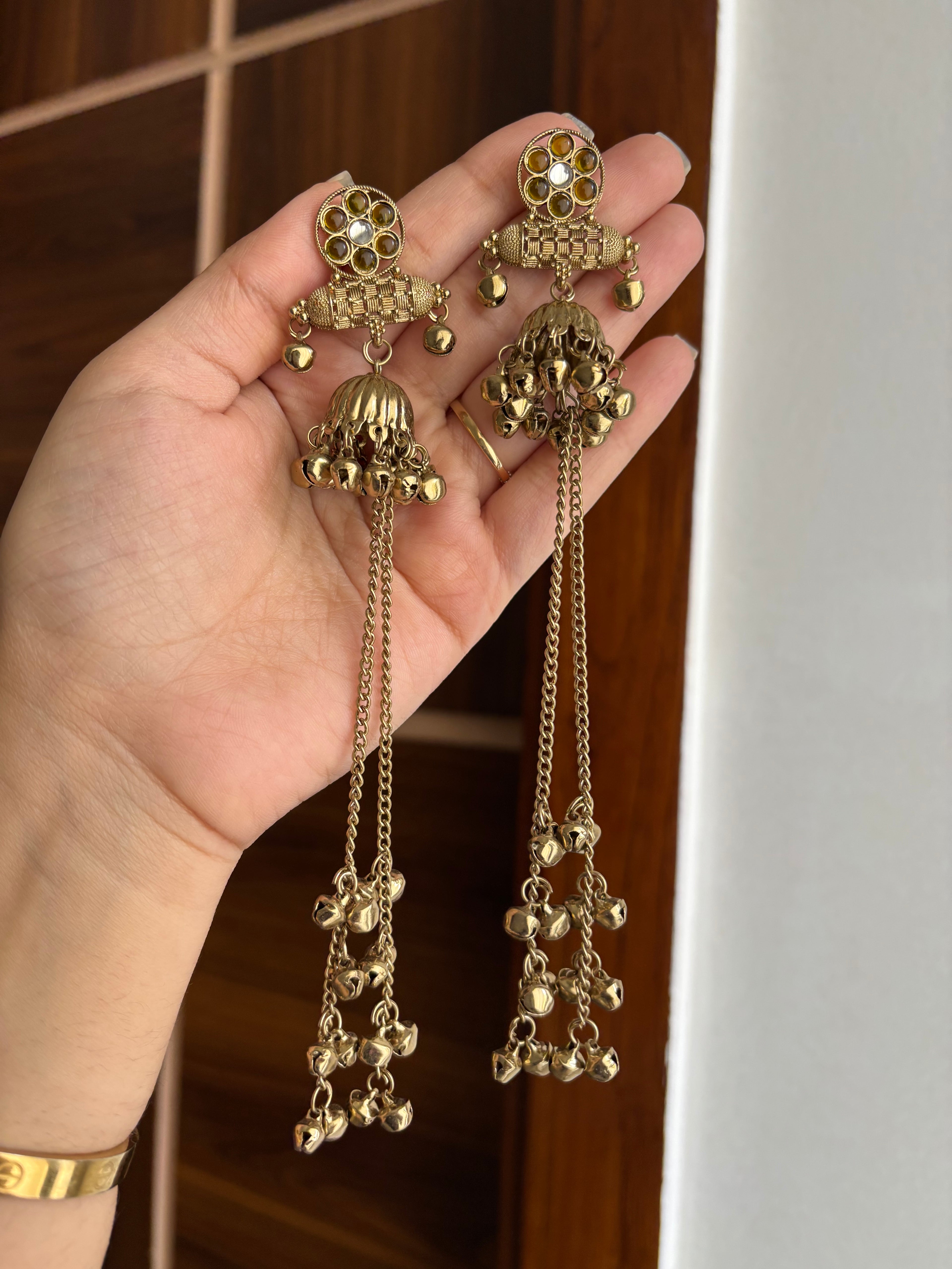 Daisy Kashmiri Jhumkas With Long Layers (Olive)