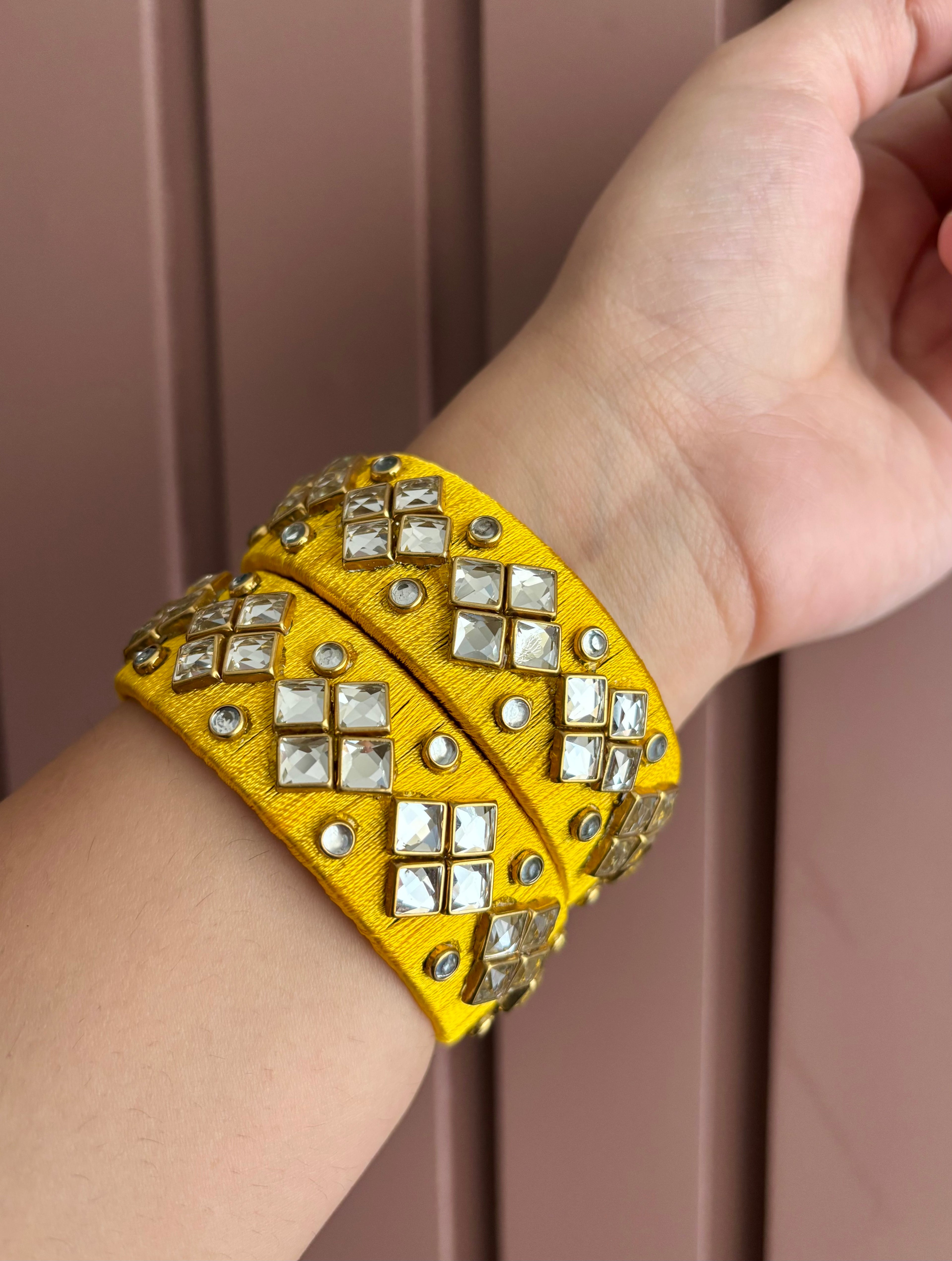 Silk Thread & Kundan Work Bangles Pair ( Yellow )