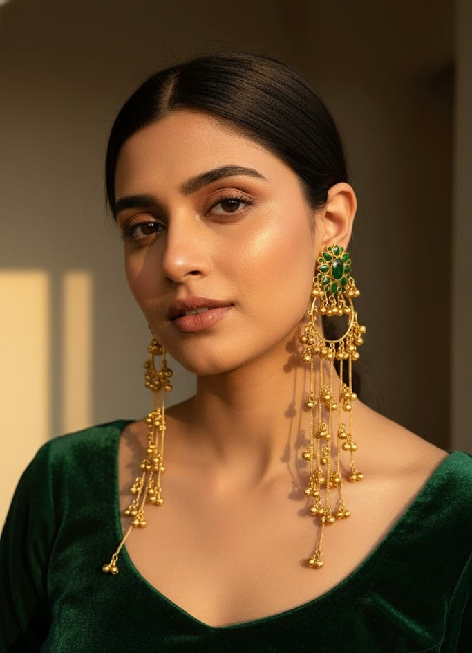 Emerald Green Flower Kashmiri Long Earrings