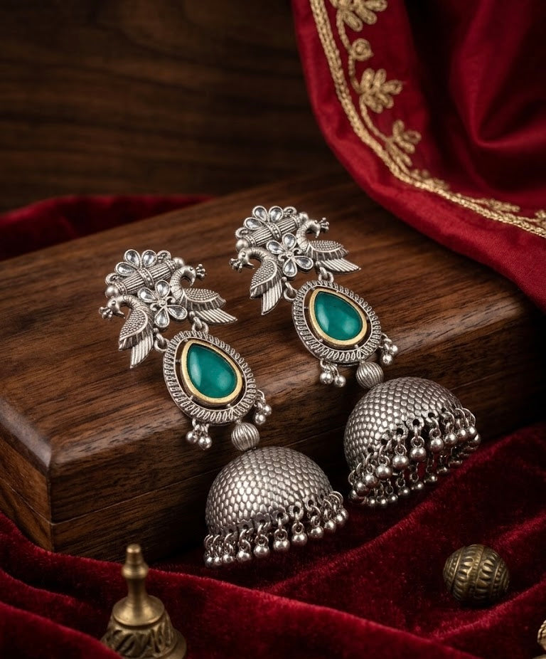 Silver Peacock Green Jhumkas