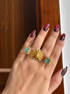 Peacock Touch Statement Double Finger Adjustable Ring (Turquoise)