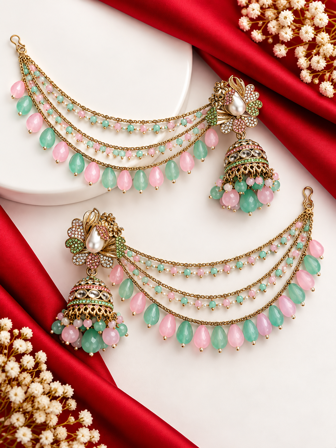 Heena Turkish Jhumkas With Detachable Earchain (Pink/Mint)