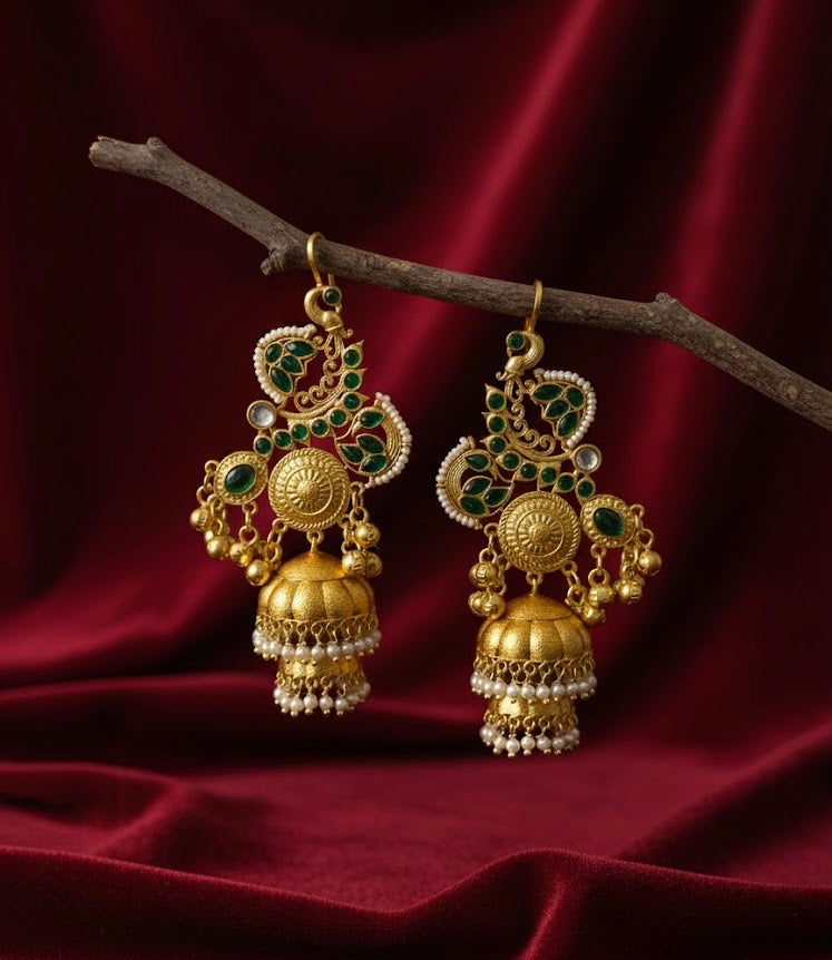 High Quality Designer Meena Earcuff With 2 Layer Jhumkas & Ghungroo Touch ( Green )