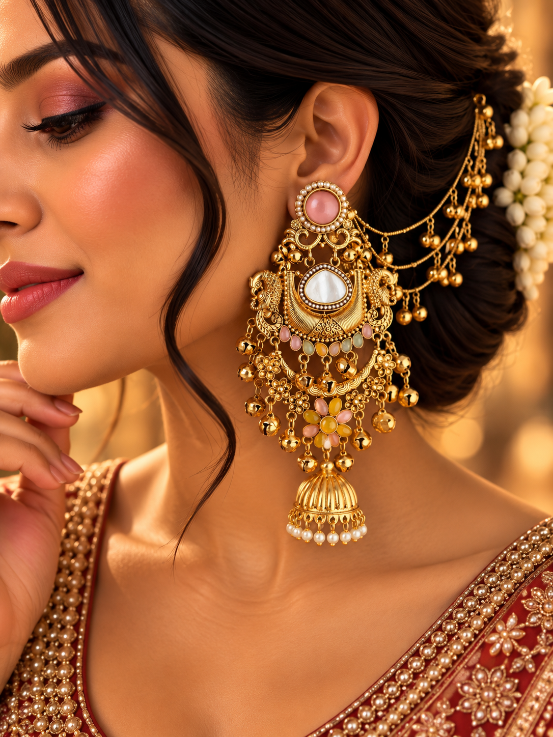 Taashi Long Kashmiri Earrings With Detachable Earchain (Pastel Shade)