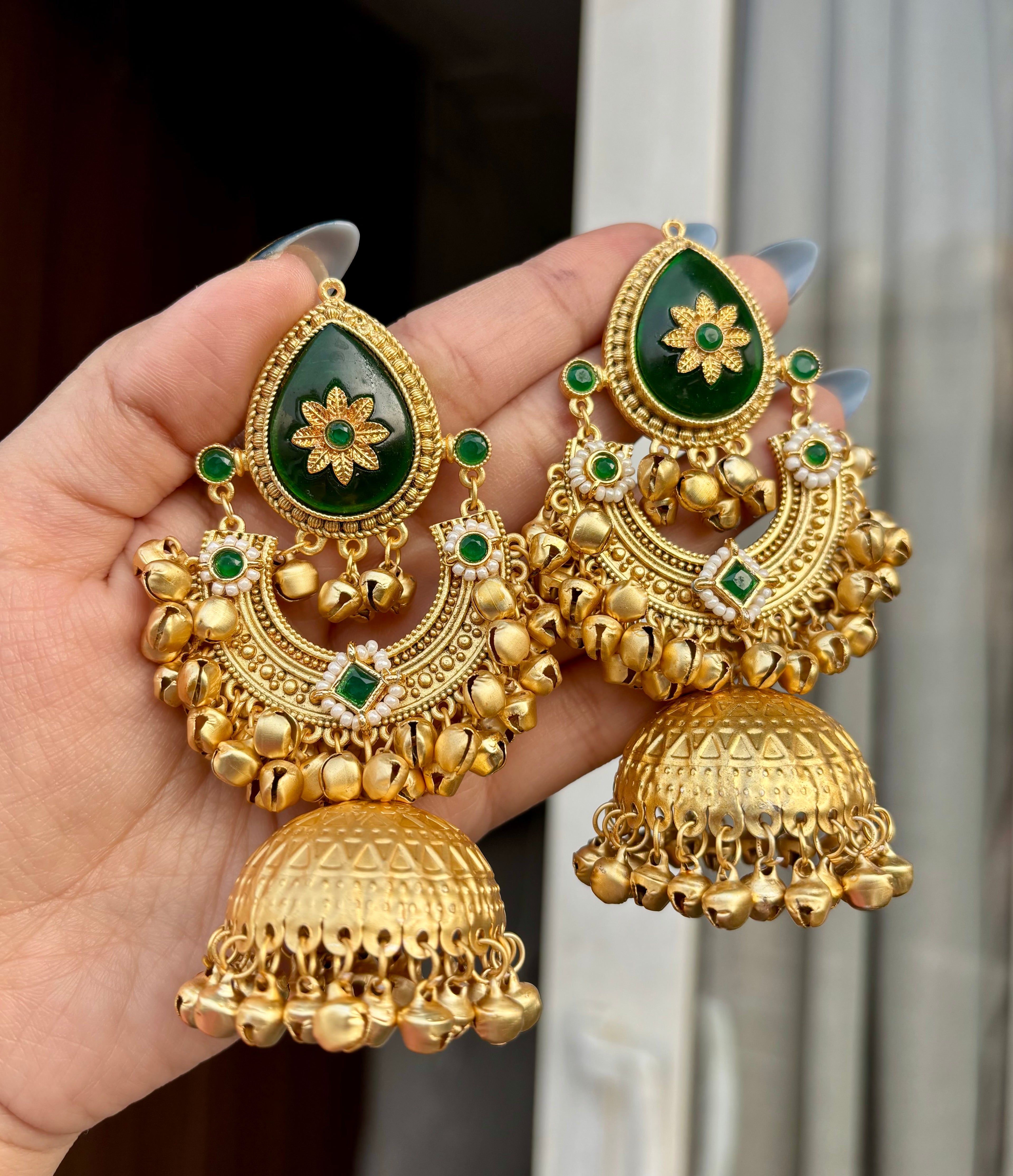 Green Golden Kashmiri Chandbali Jhumkas