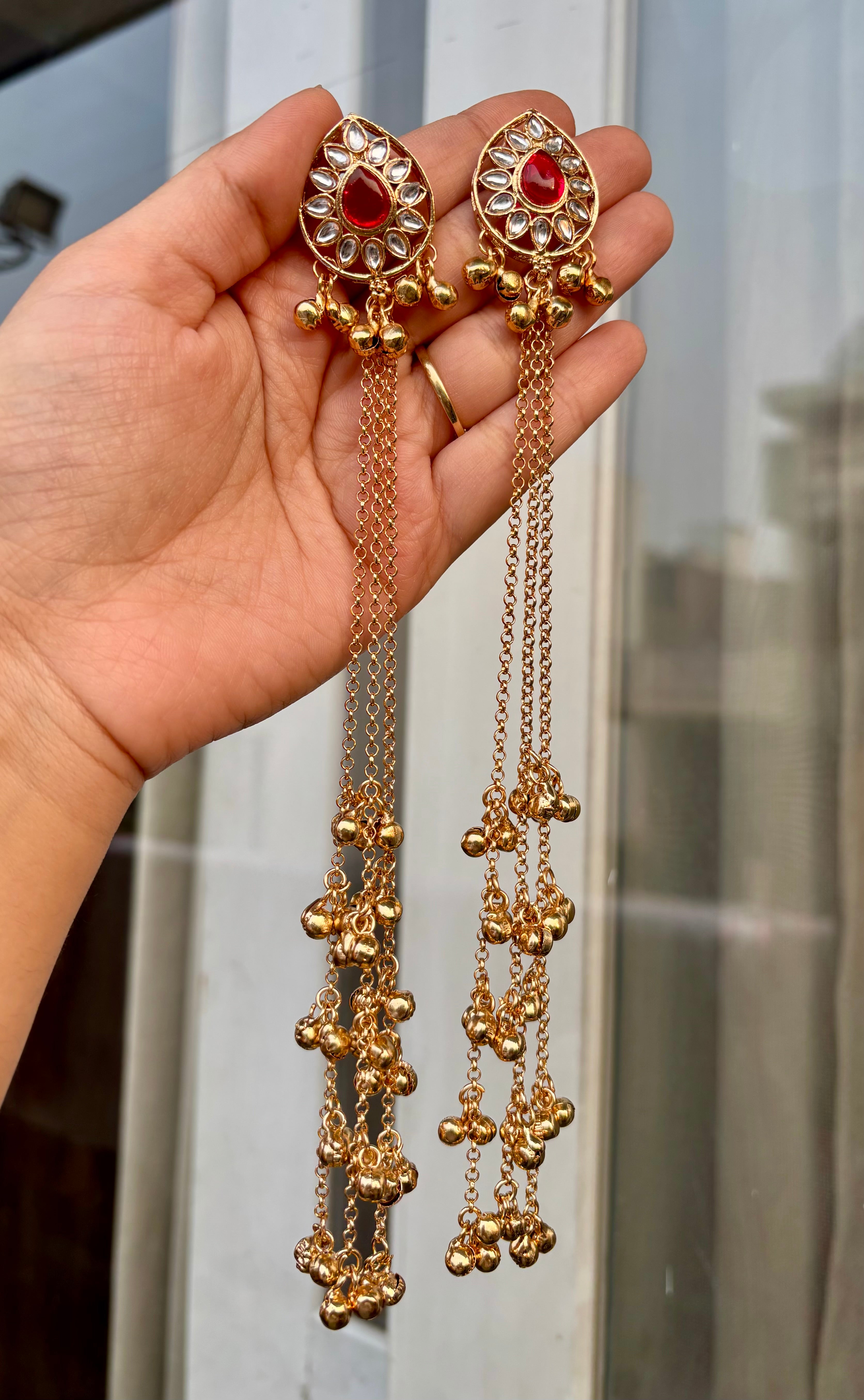 Almond Red Kundan Stud Kashmiri Long Layer Ghungroo Earrings