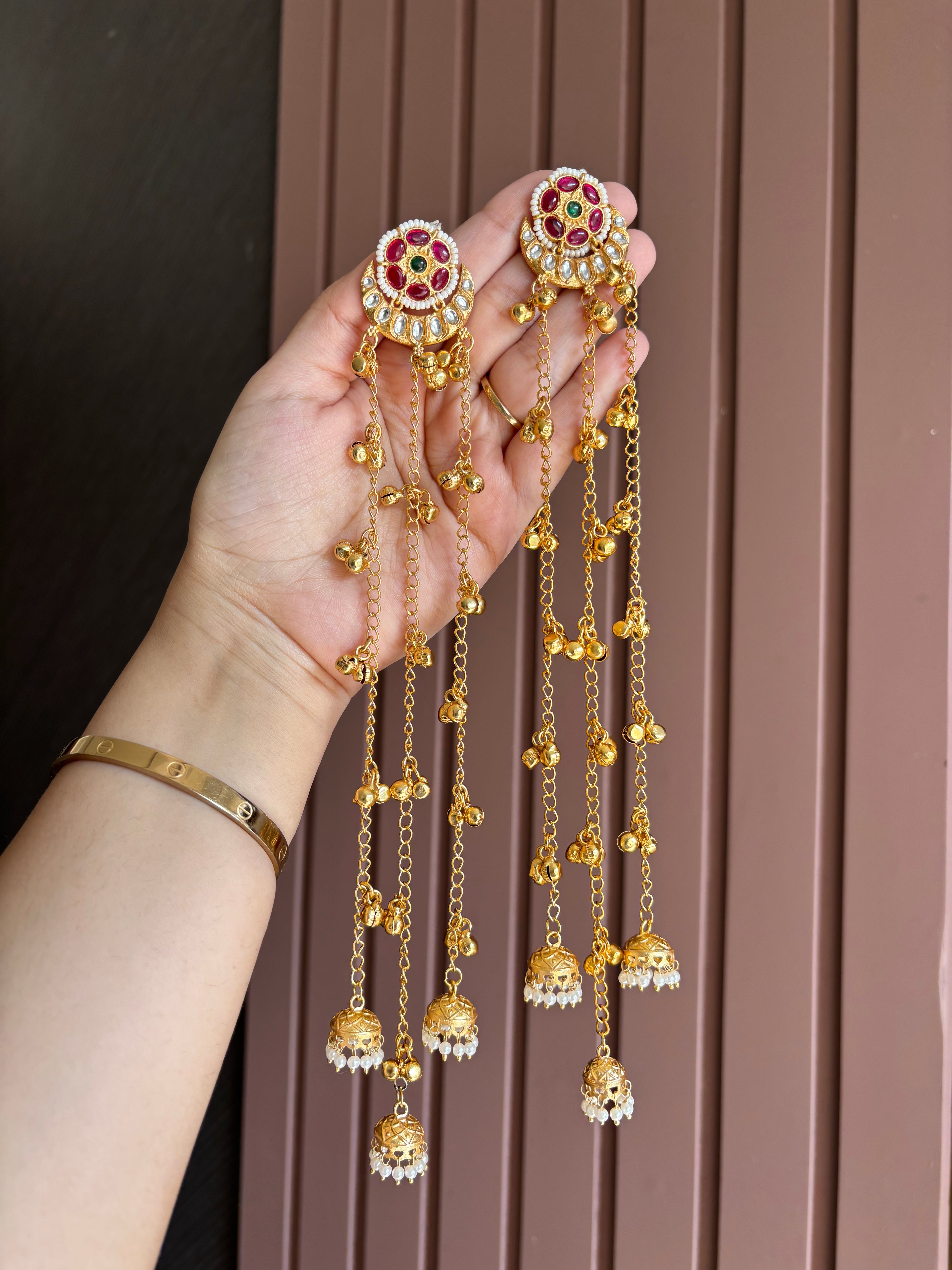 High Quality Designer Kundan Flower Touch Earrings With Long Layers