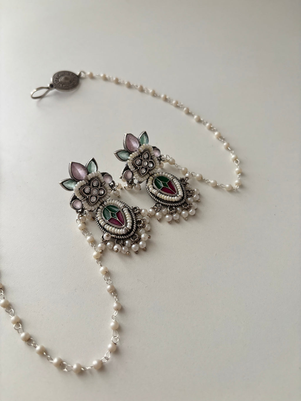 German Silver Earrings With Side Layer (Mint/Pink)