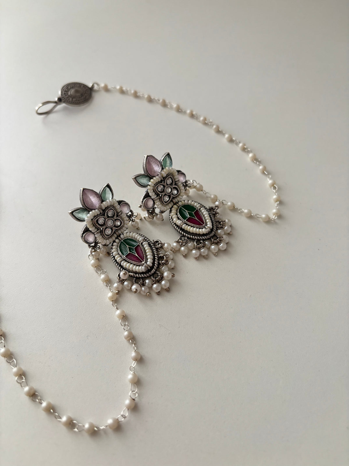 German Silver Earrings With Side Layer (Mint/Pink)