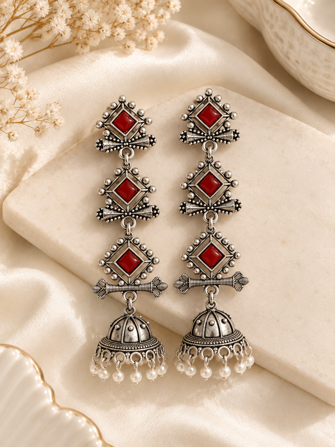 Aliya German Silver Jhumki (Red)