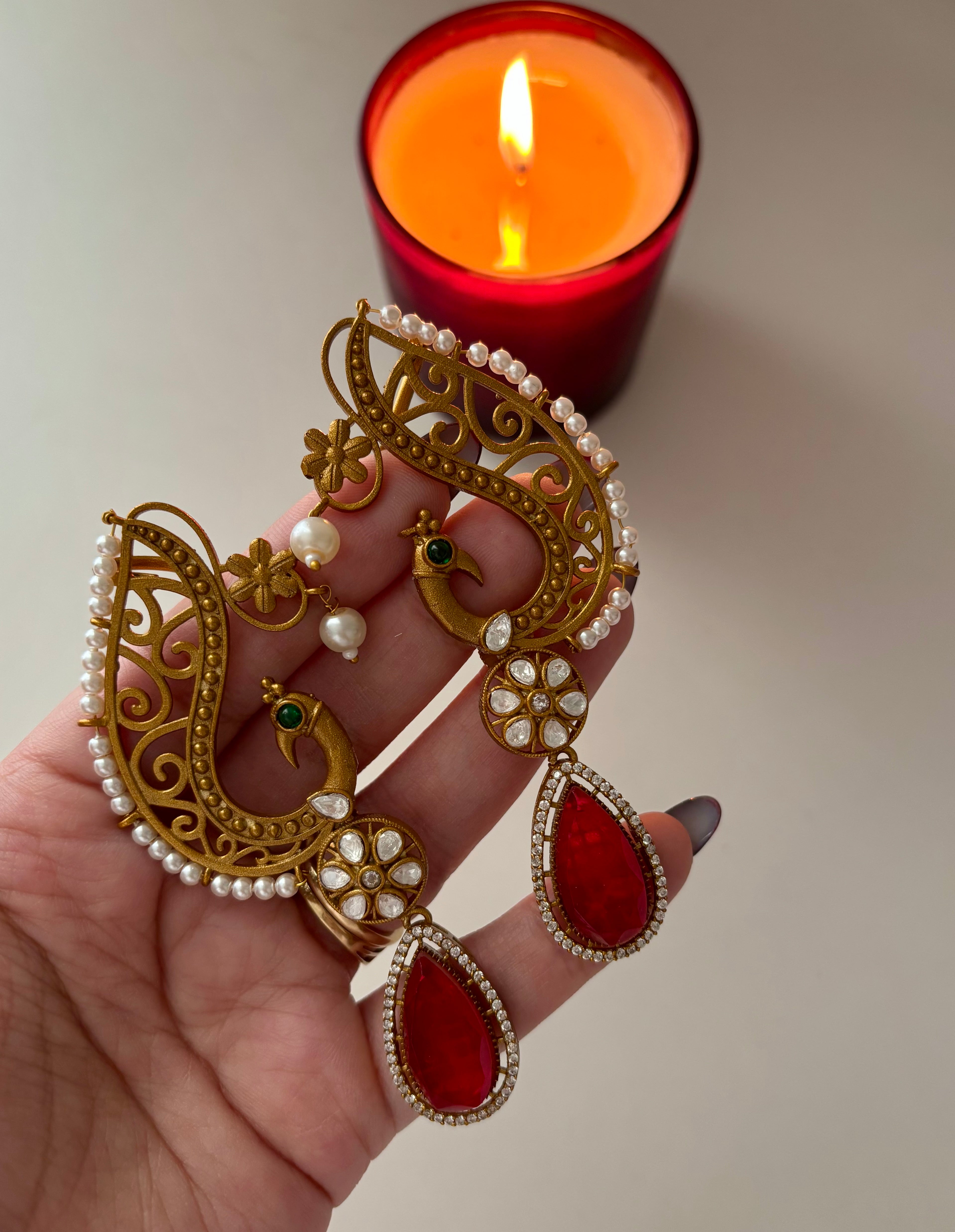 Moissanite & Doublet Stones Work Peacock Earcuff (Ruby)