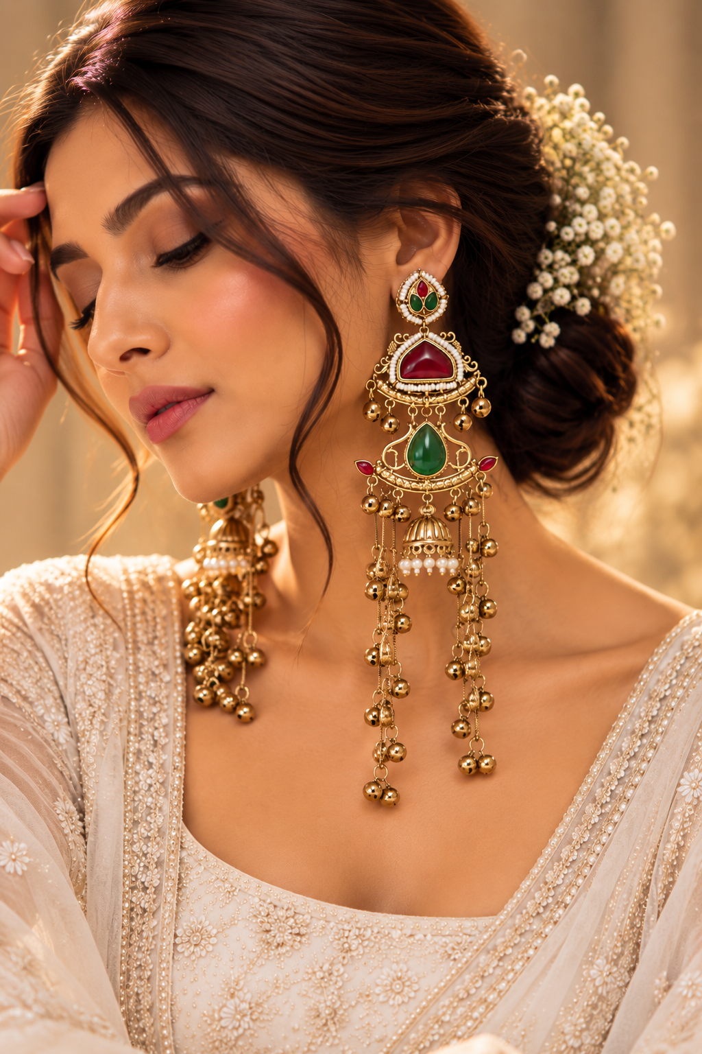 Unnati Kashmiri Long Layer Earrings (Red/Green)