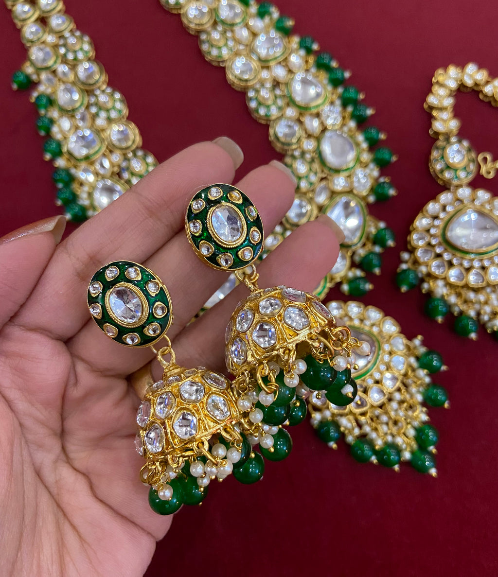 The Long Green Rani Haar With Mang Tikka & Jhumkas