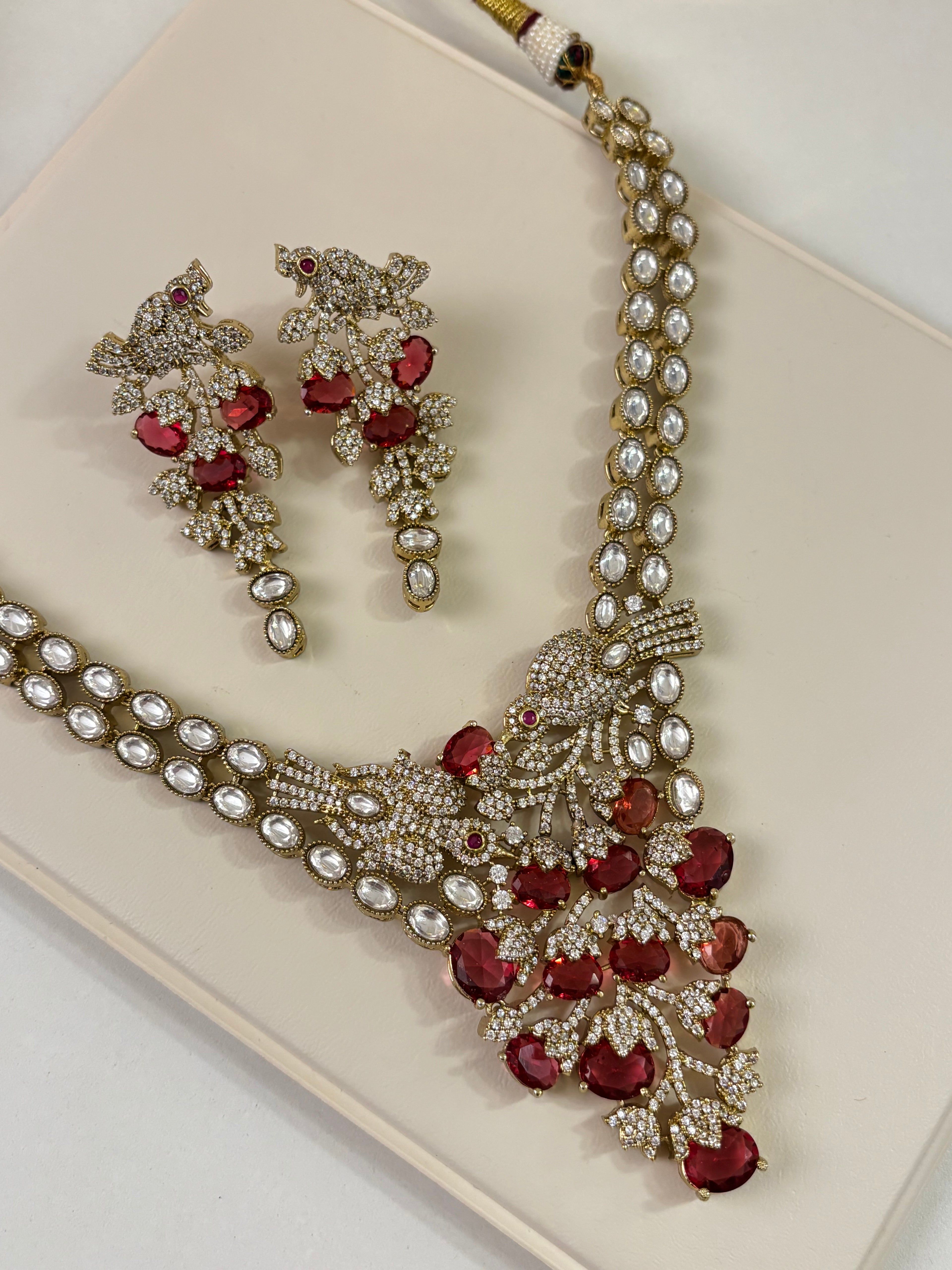 Premium Classy Nature Inspired Ruby Necklace With Earrings ( Moissanite & Doublet Stones Work)