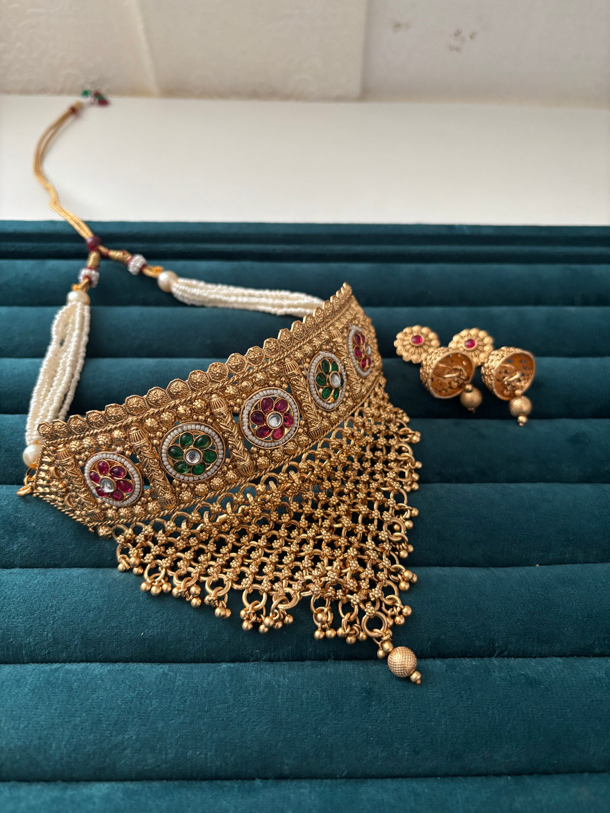 Premium Gold Look Like Heavy Look Choker Set With Jhumkas Design-2