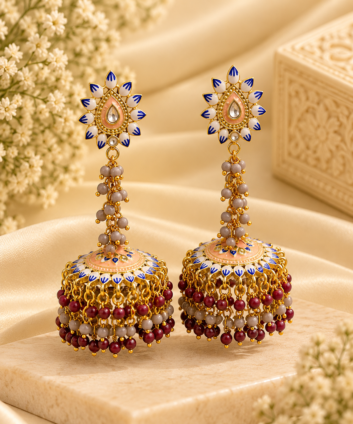 Maroon & Grey Mix Meenakari Work Jhumkas