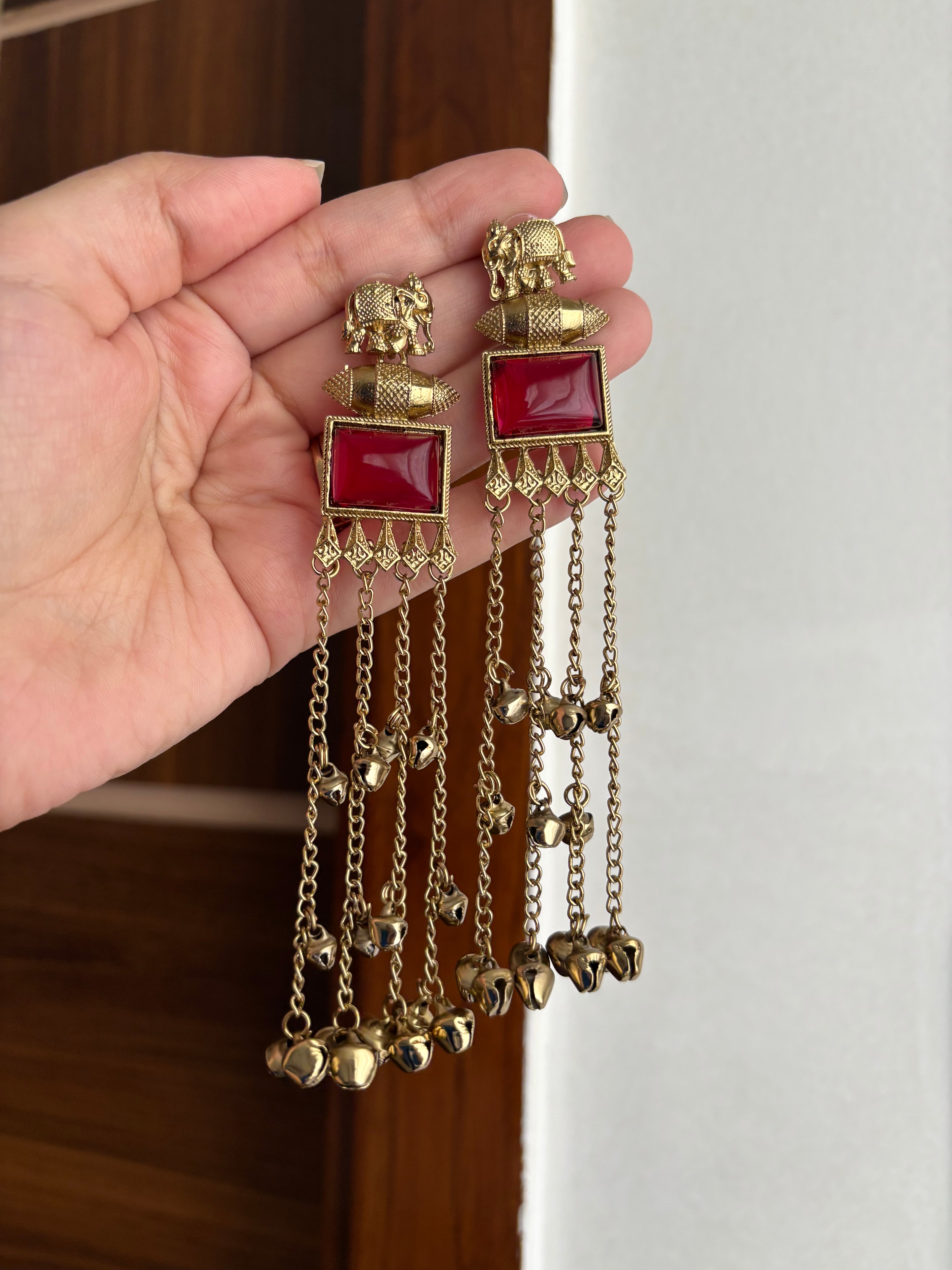 Elephant Touch Kashmiri Layer Earrings (Ruby)