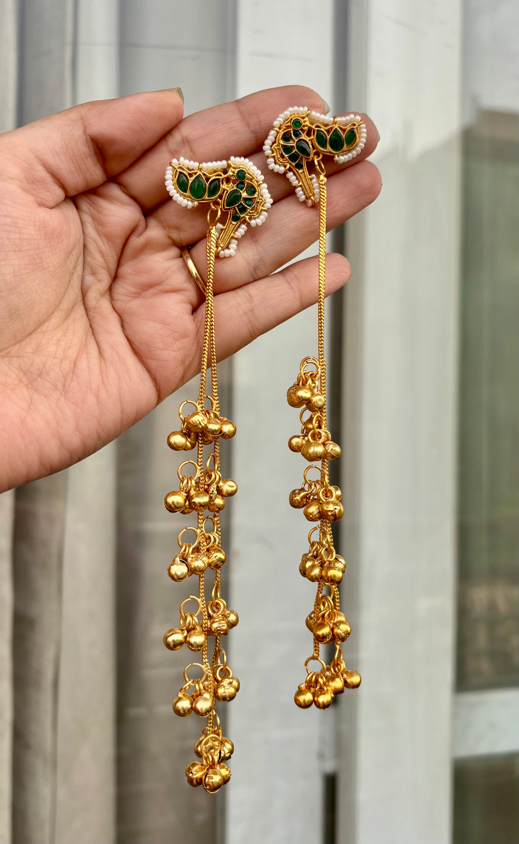 Bird & Lotus Green Kashmiri Long Earrings