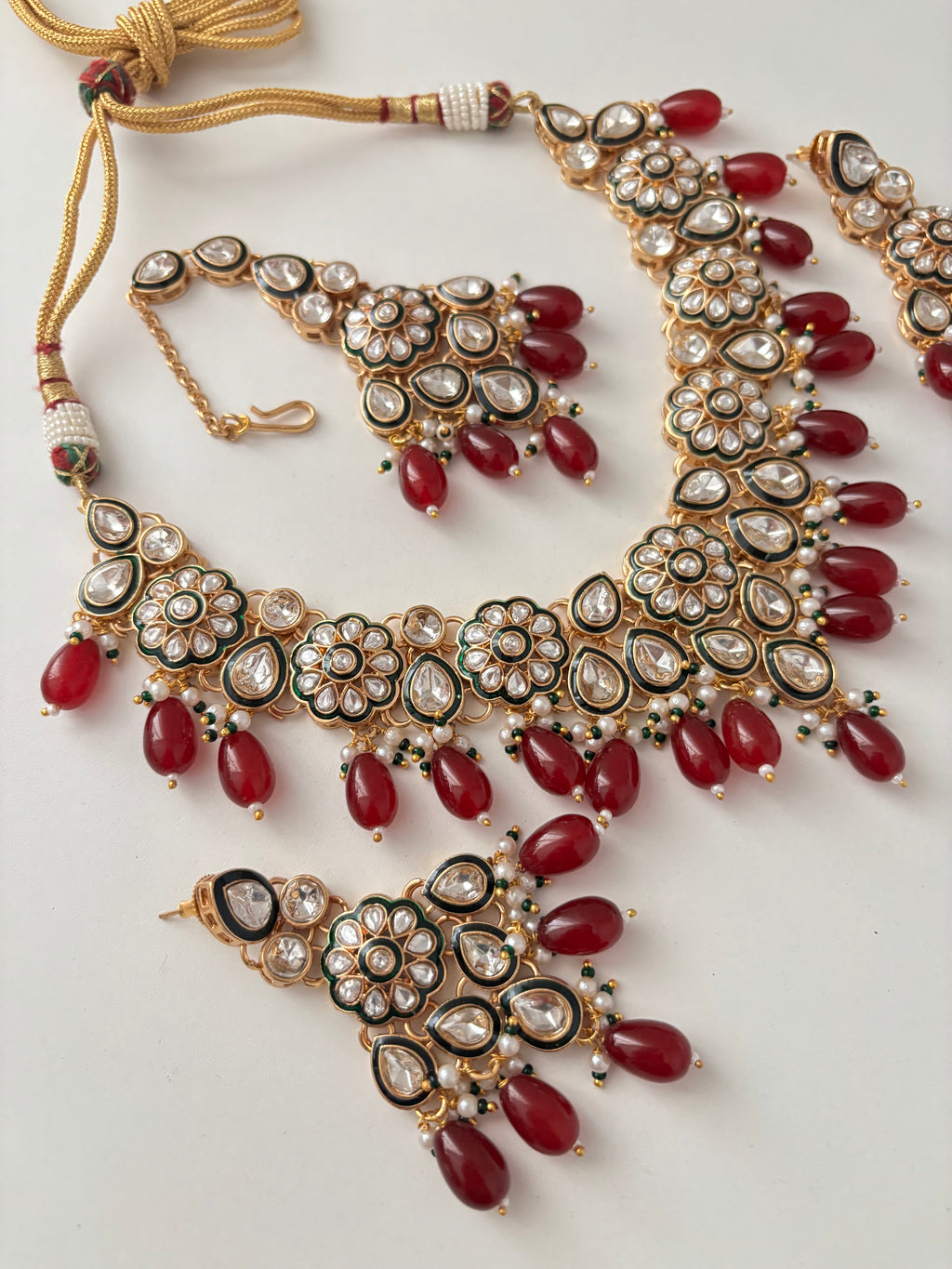 Tanisha Premium Moissanite Necklace With Mang Tikka & Earrings (Maroon)