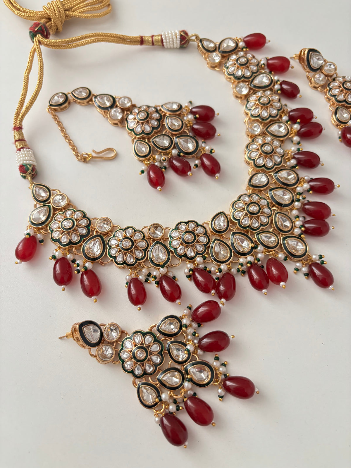 Tanisha Premium Moissanite Necklace With Mang Tikka & Earrings (Maroon)
