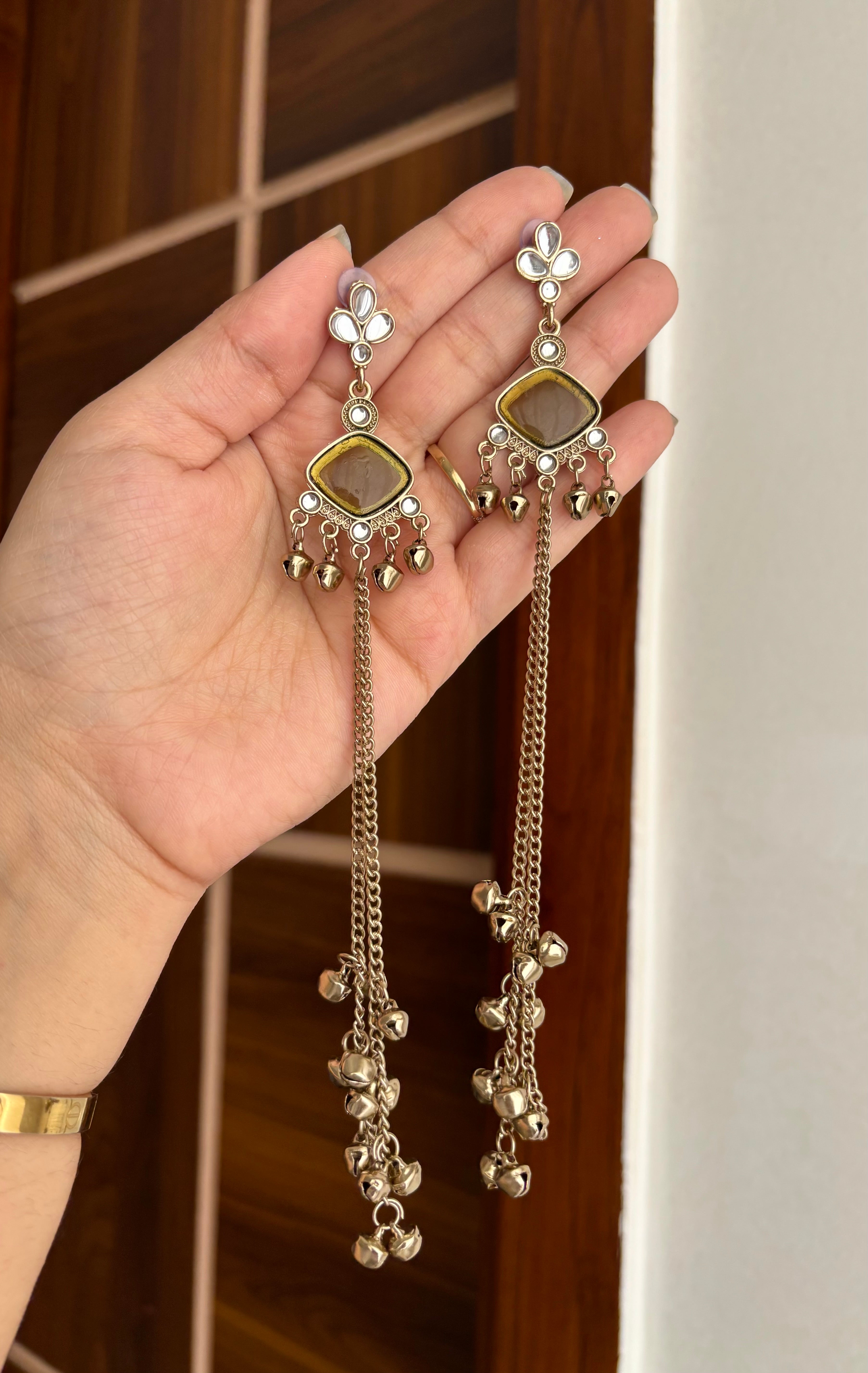 Shalini Kashmiri Long Earrings ( Olive )
