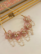 Flower Petal Floral Necklace With Mang Tikka & Earrings (Barbie Pink)
