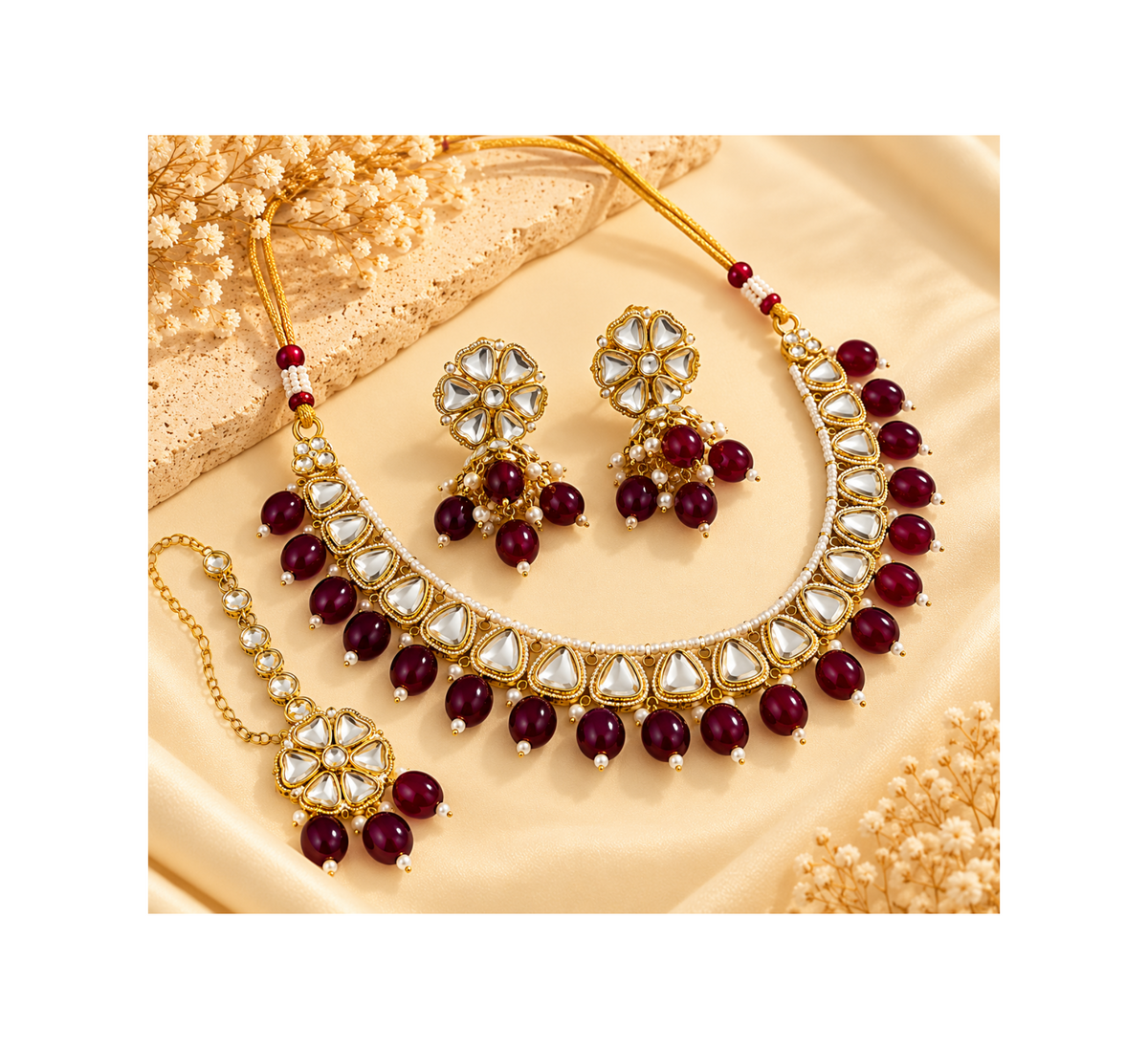 Maroon Sleek Necklace With Mang Tikka With Jhumkas