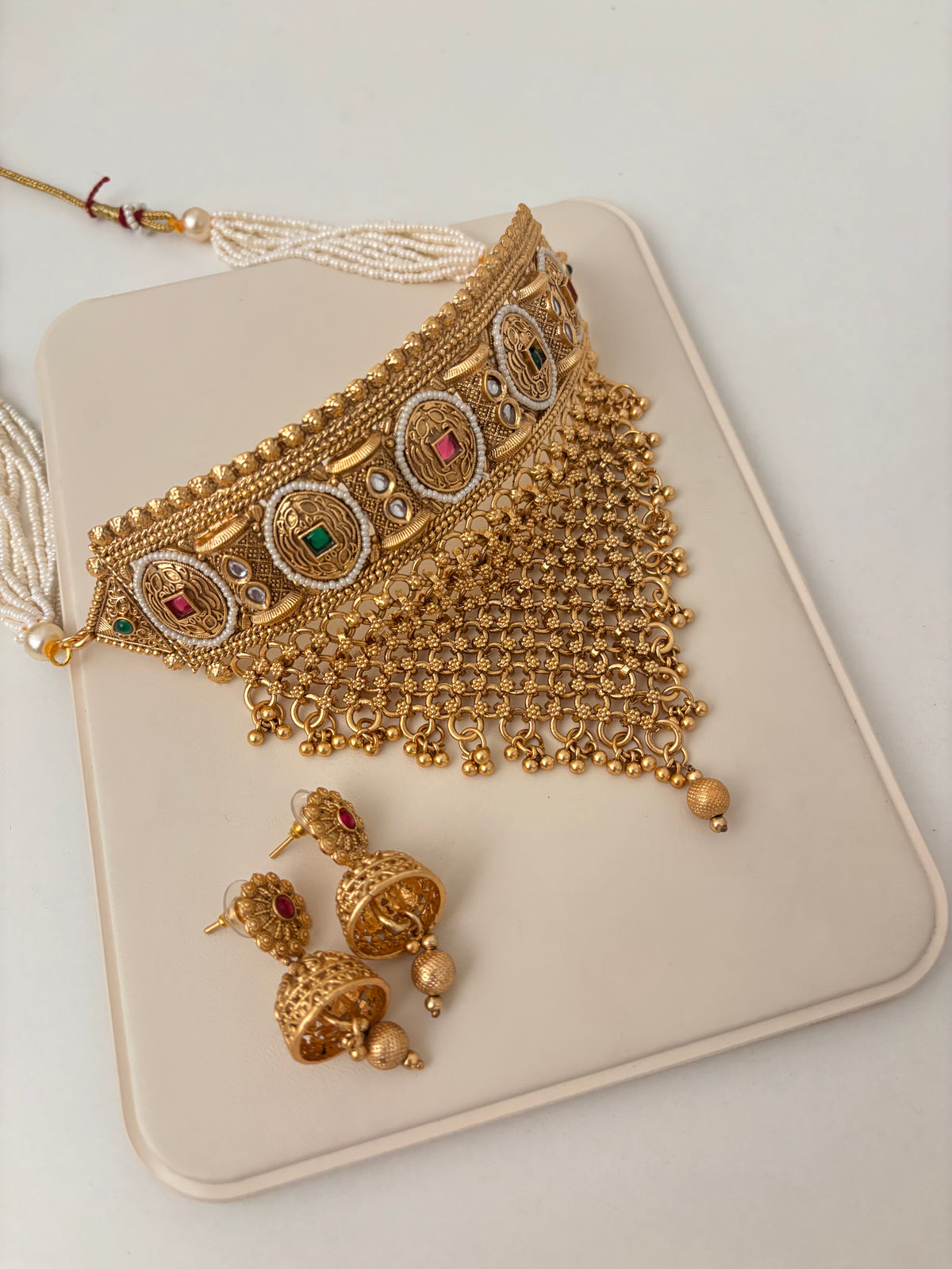 Premium Gold Look Like Choker Set With Jhumkas Design-21